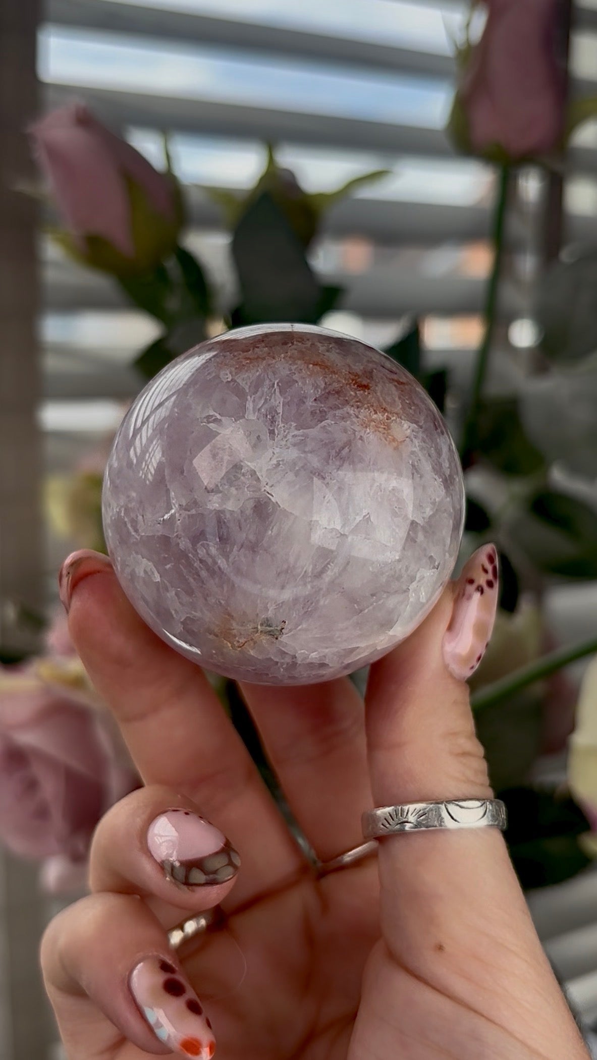 High grade, amethyst Flower agate sphere with high clarity quartz - 5.5cm
