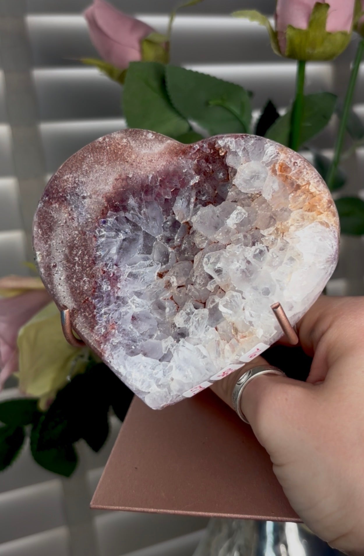 pink amethyst heart with quartz Druze- comes with stand