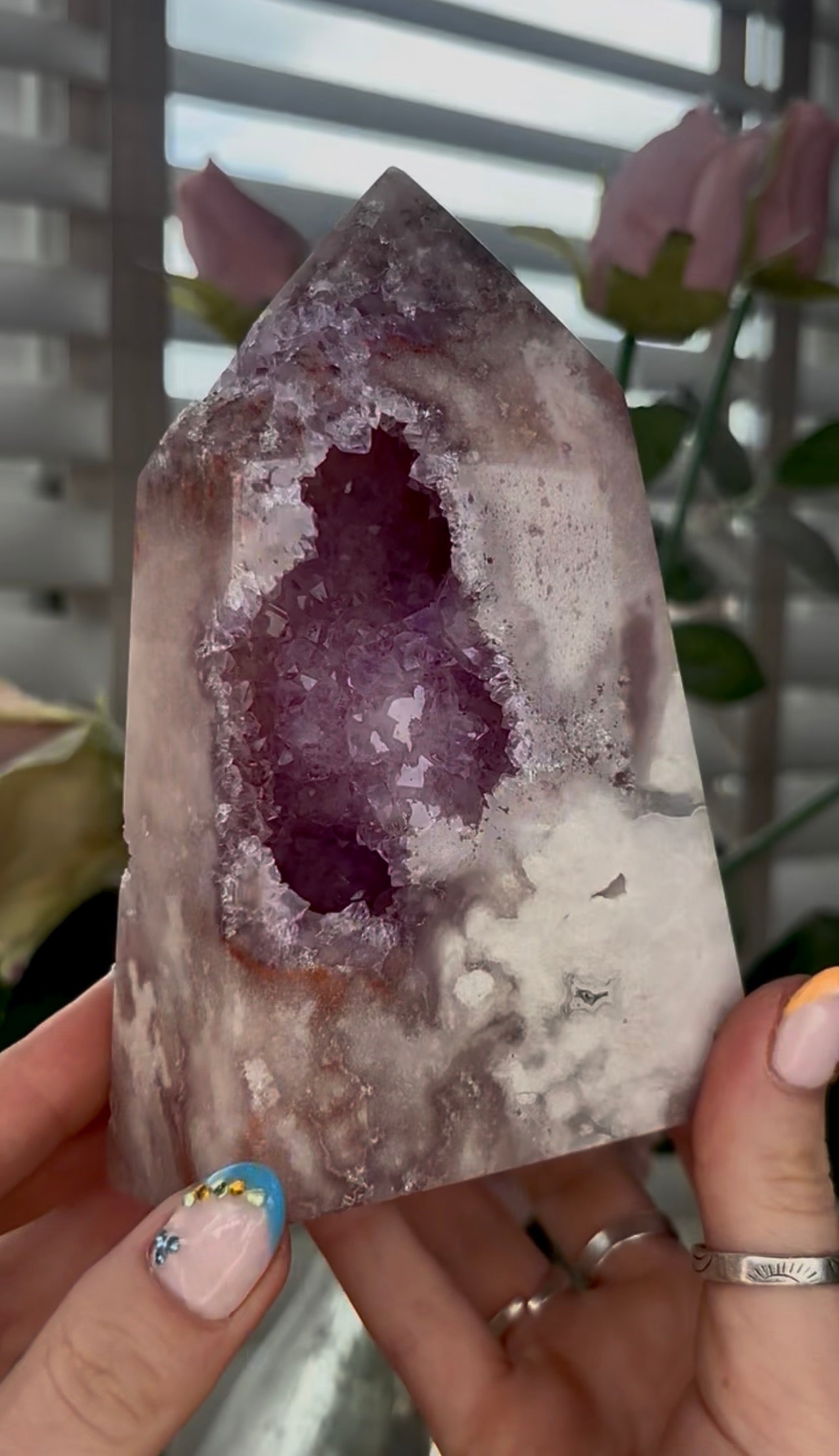 Huge, Beautiful, Pink amethyst tower with purple quartz druzy