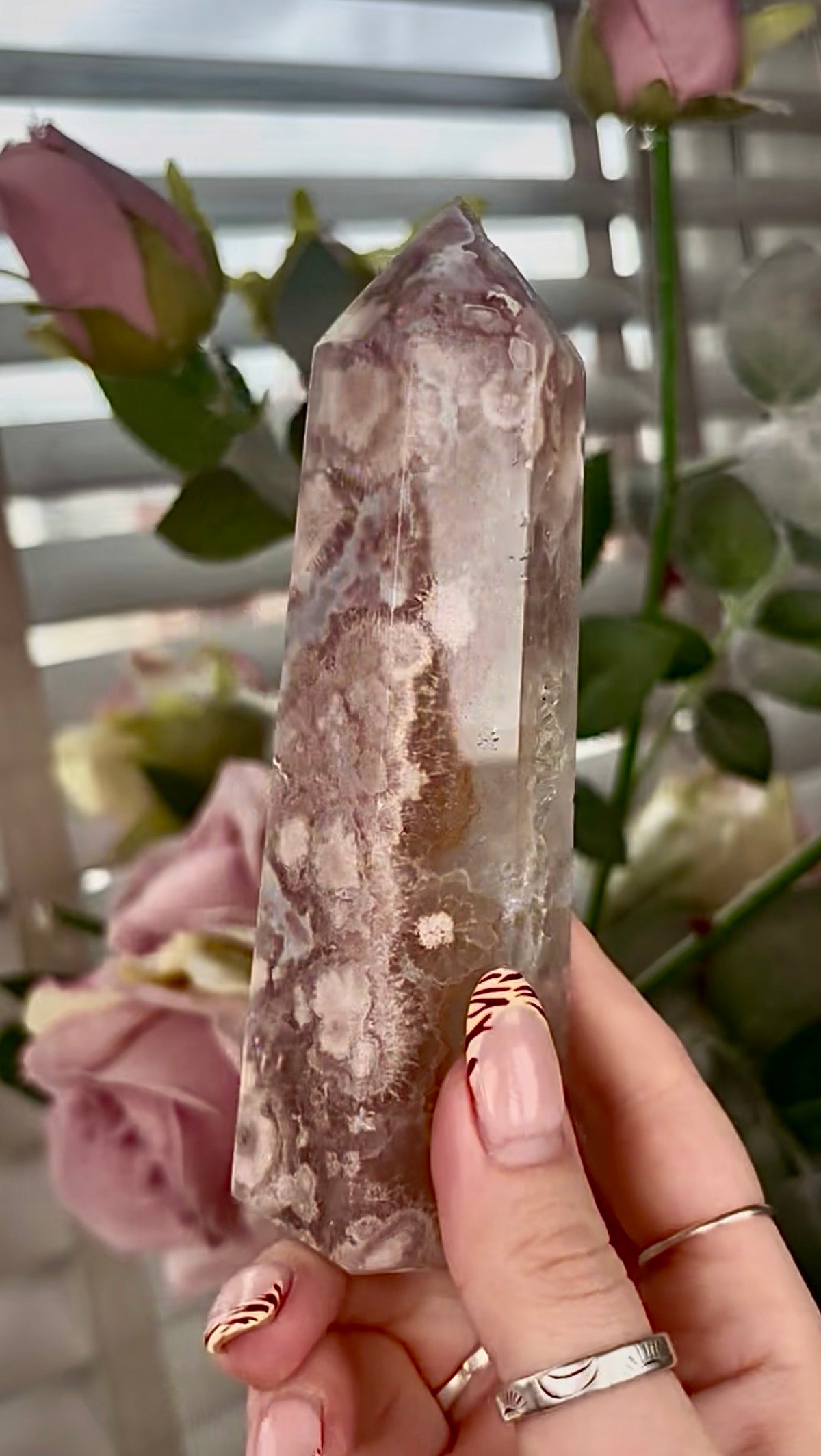 Stunning!! Super high quality, Druzy, green chlorite x blue flower agate tower