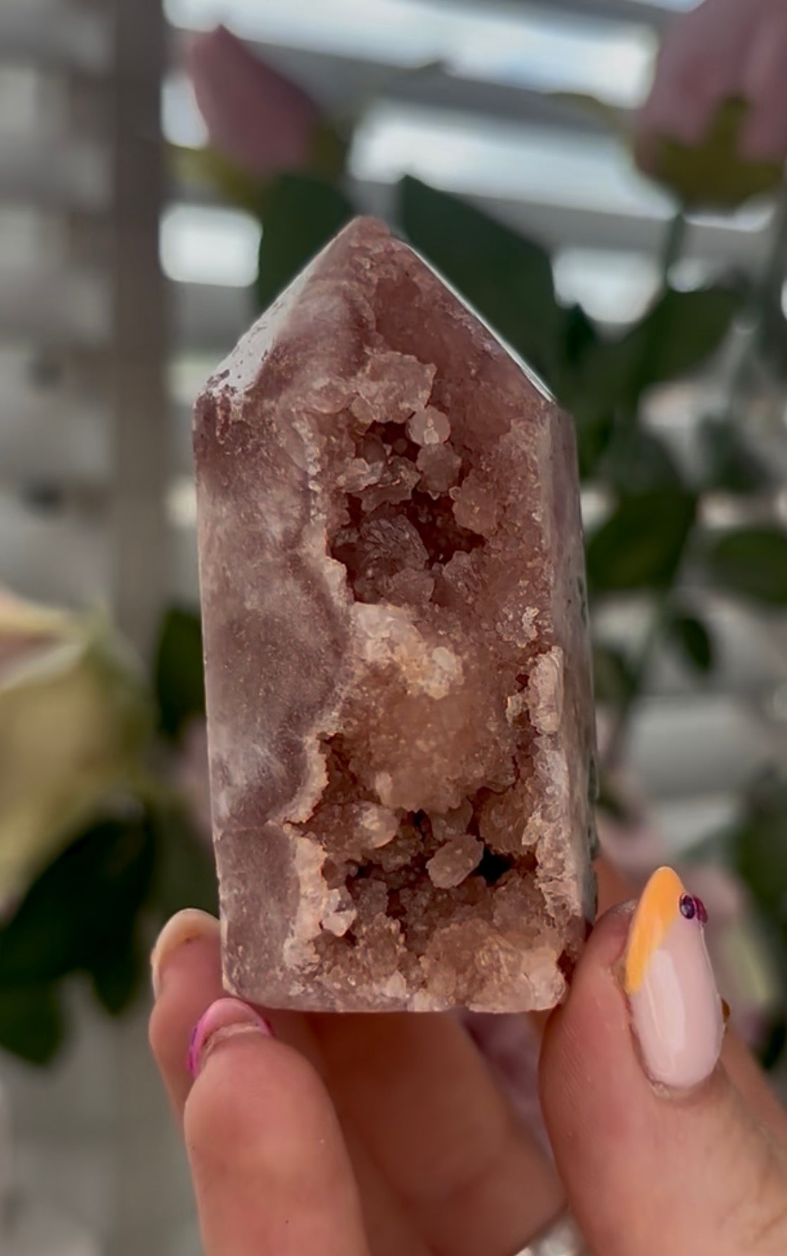 Small, Pink amethyst tower with druzy