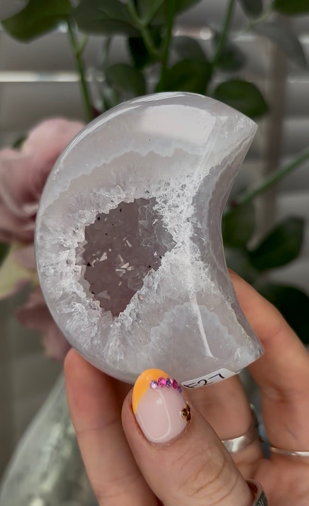 Beautiful, high grade, agate moon with druzy - comes with stand