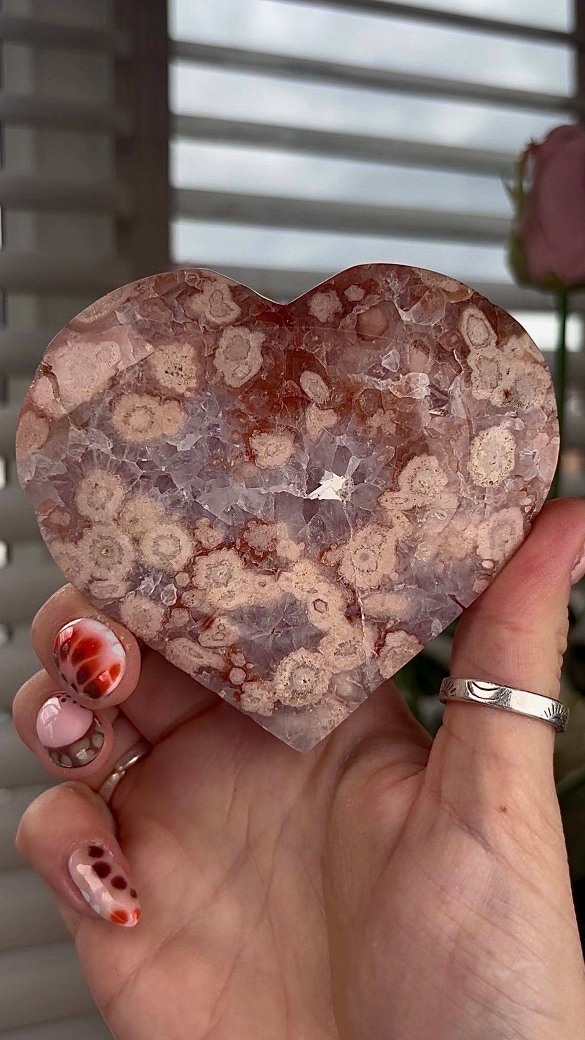 High grade, amethyst Flower agate heart with high clarity quartz