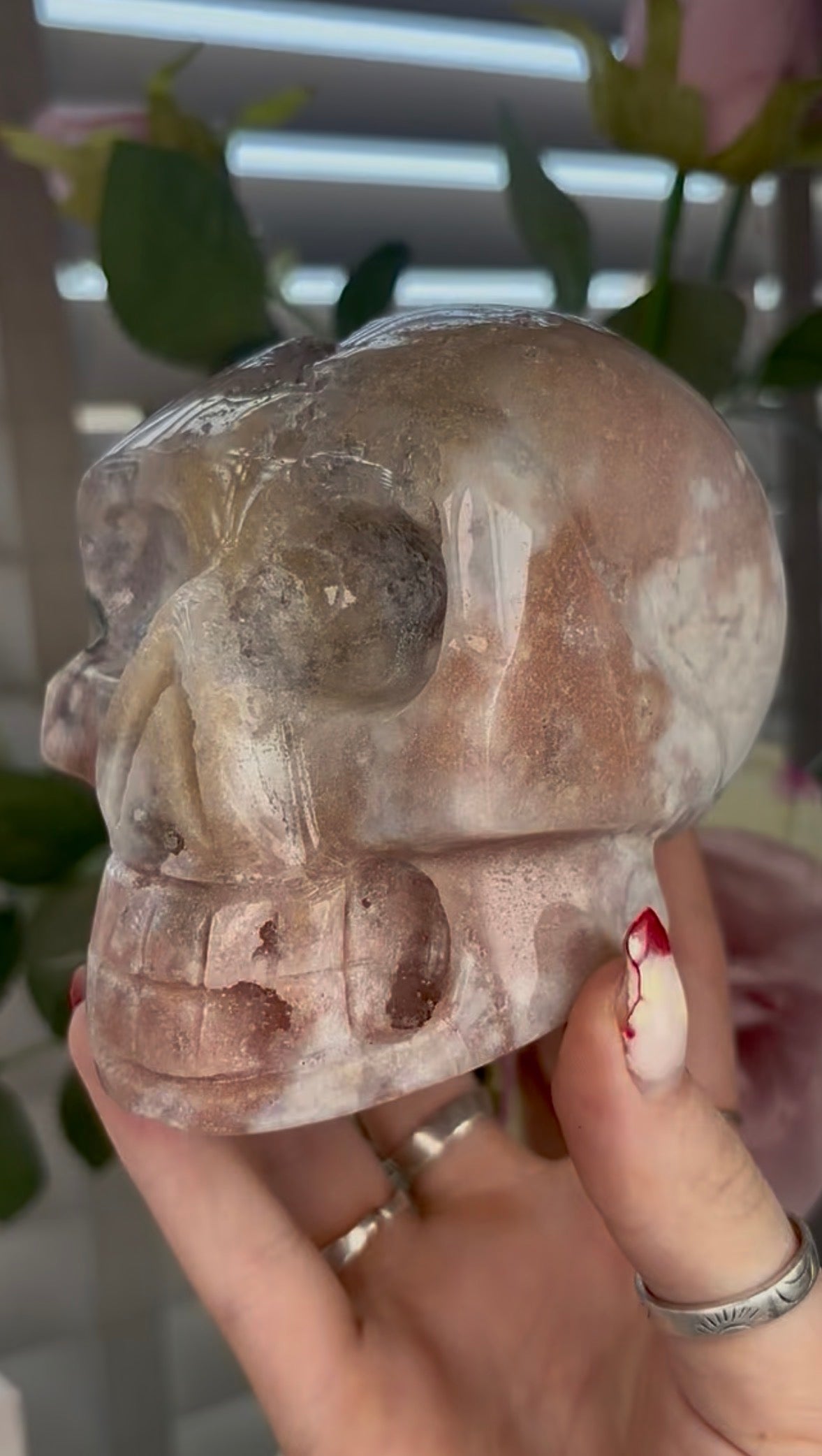 High grade, pink amethyst skull carving