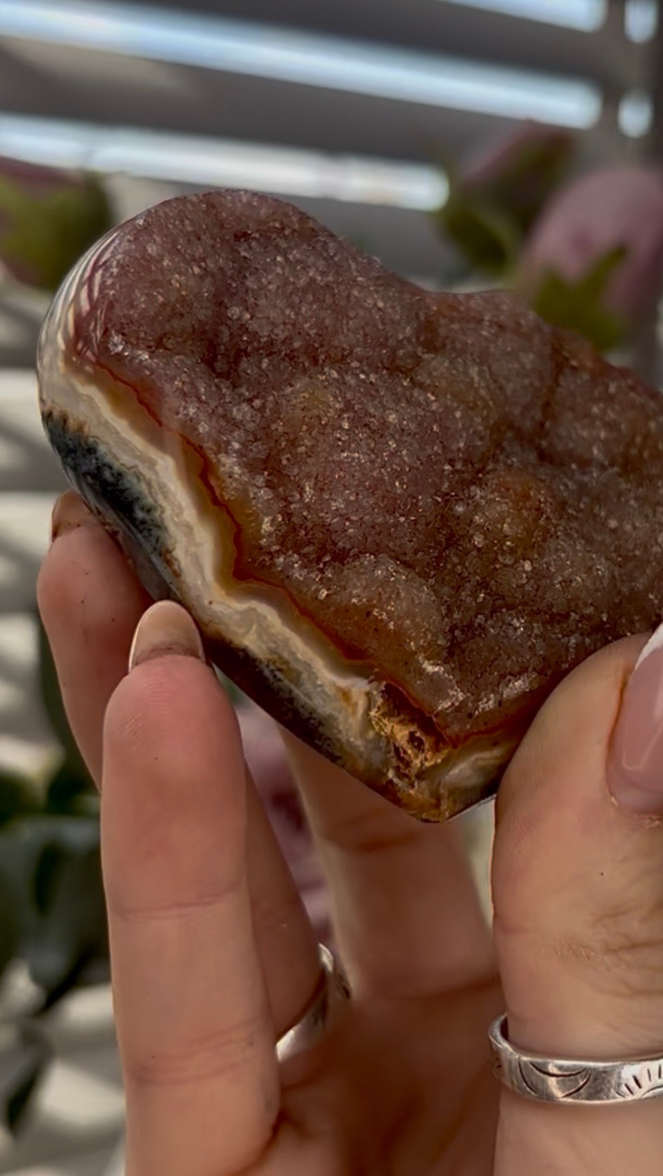 Uruguay, rainbow amethyst heart - comes with stand