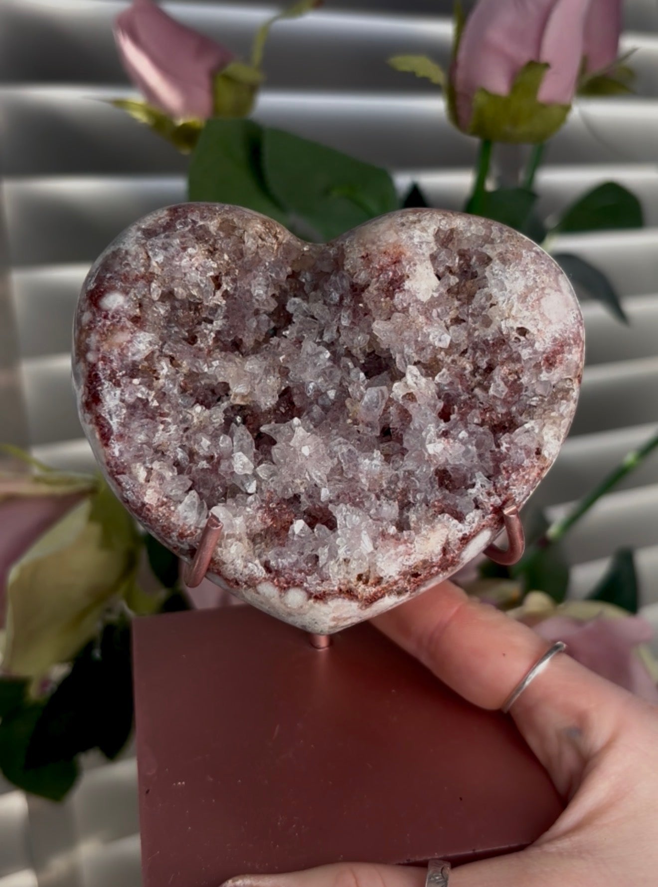 pink amethyst heart with quartz Druze- comes with stand
