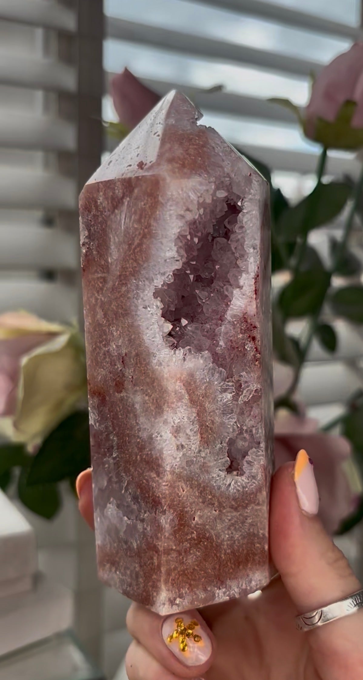 Pretty, Pink amethyst tower with quartz druzy