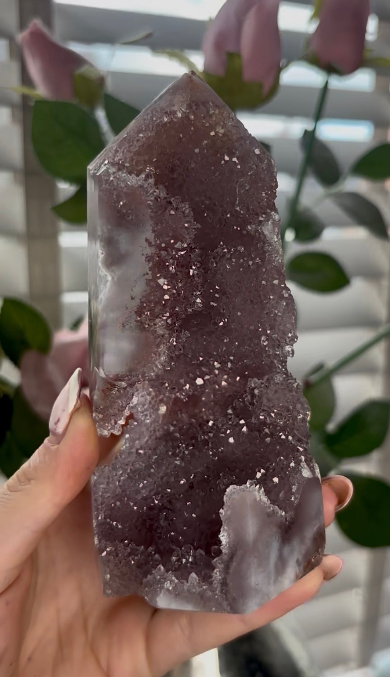 Beautiful, high quality, Pink amethyst tower in lilac tones with sugar druzy