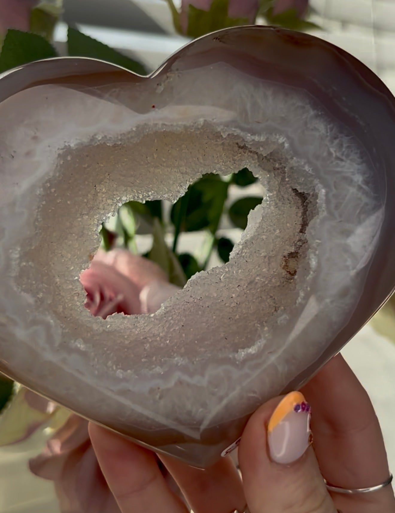 Beautiful, high quality, agate heart   with druzy - stand included