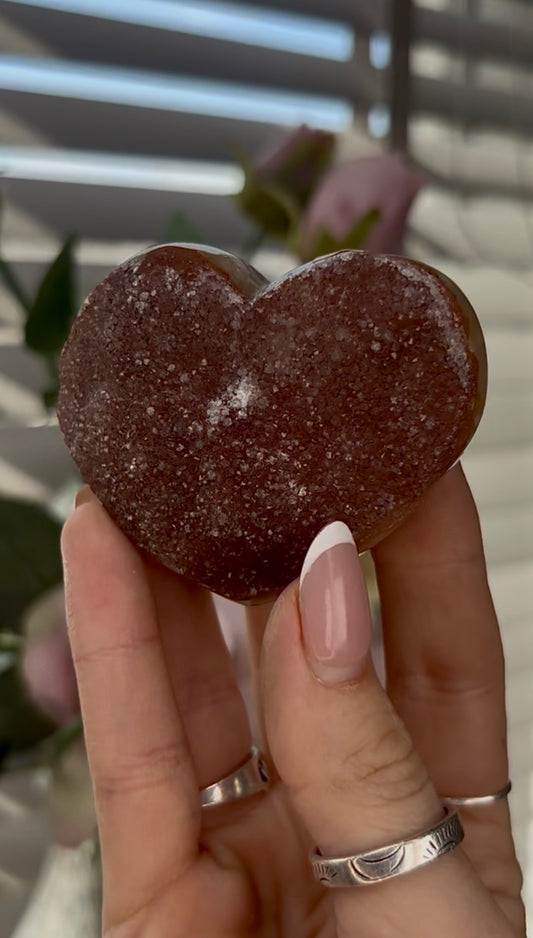 Uruguay, rainbow amethyst heart In rust tones - comes with stand