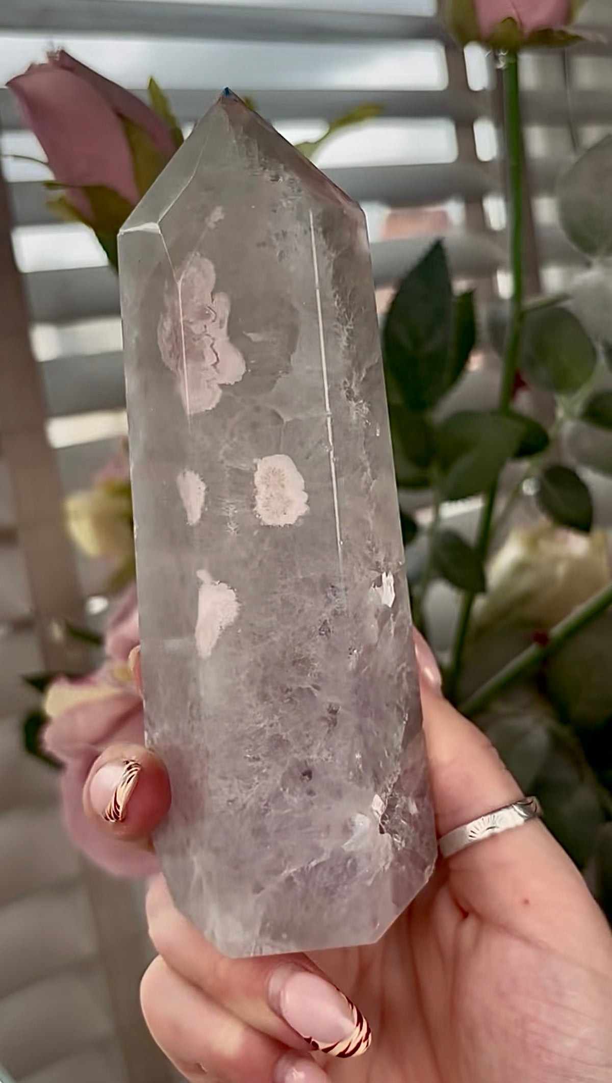 Stunning!! Super high quality, Druzy, green chlorite x blue flower agate tower