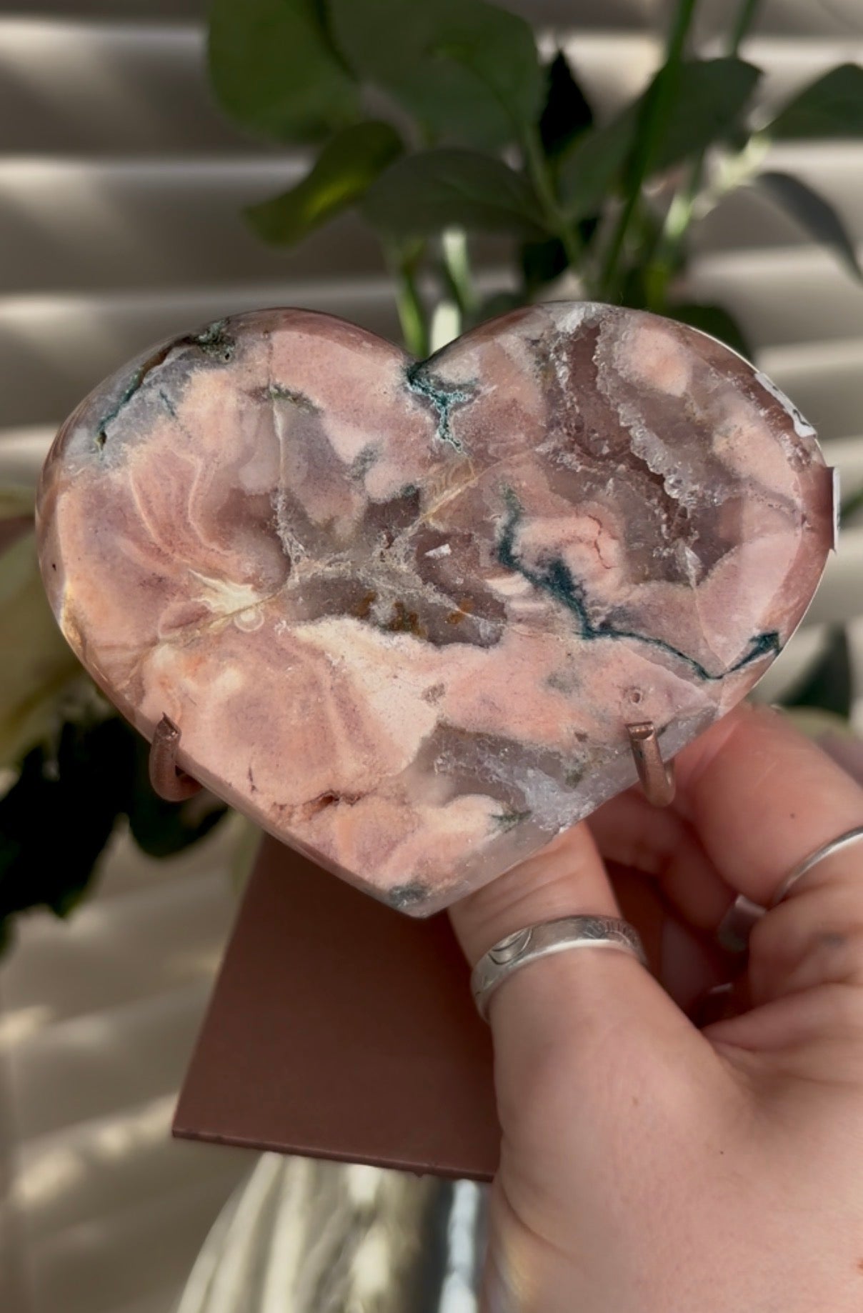 Gorgeous pink amethyst & jasper heart in peach tones  - comes with stand