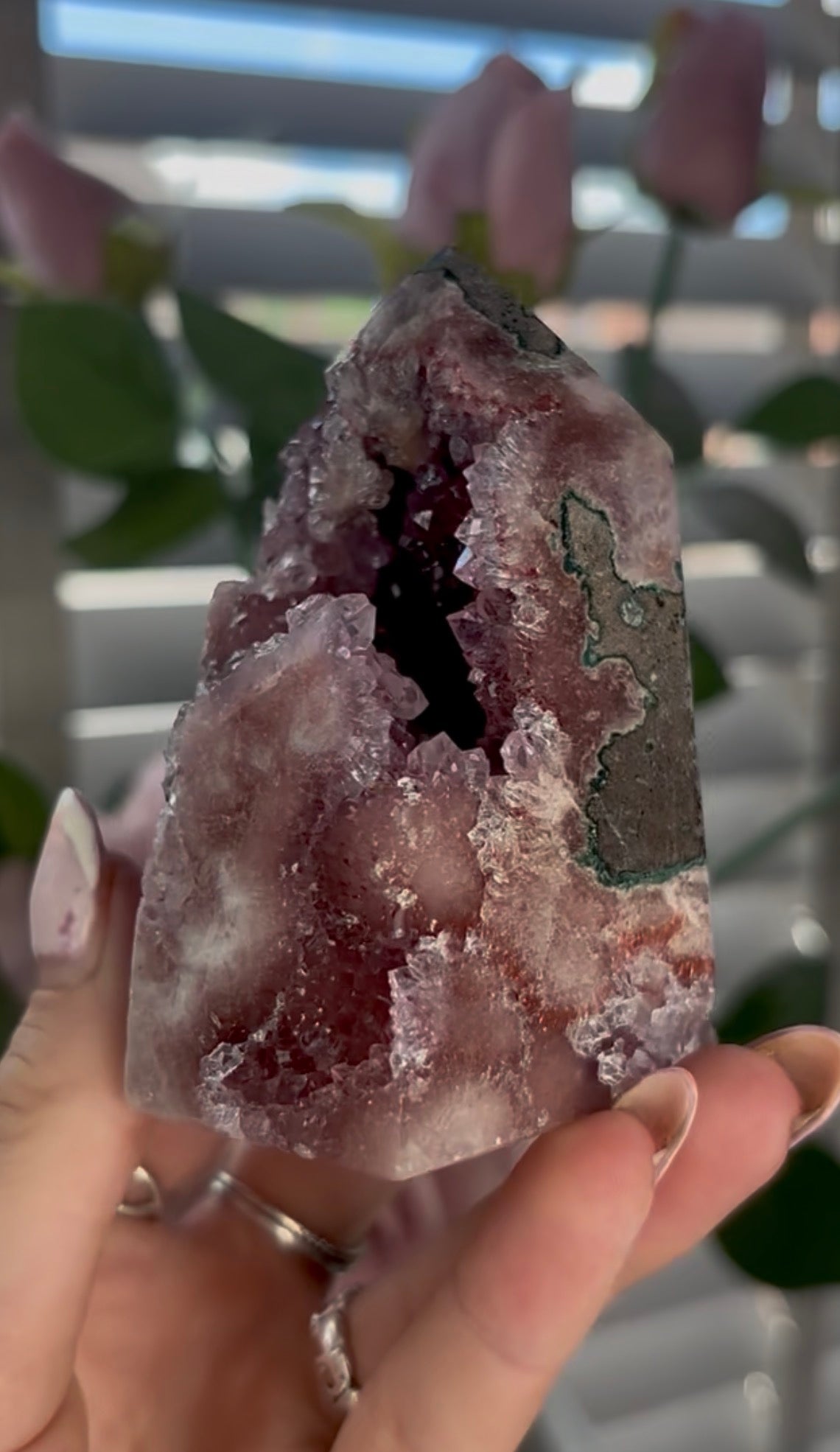 Beautiful, high quality, chonky, Pink amethyst tower with purple quartz & Green jasper