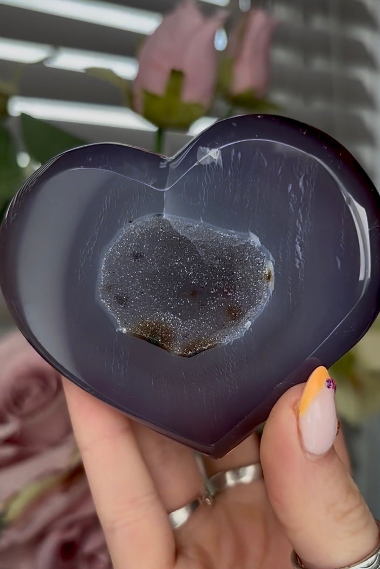 Beautiful, high grade, blue agate heart with druzy - comes with stand