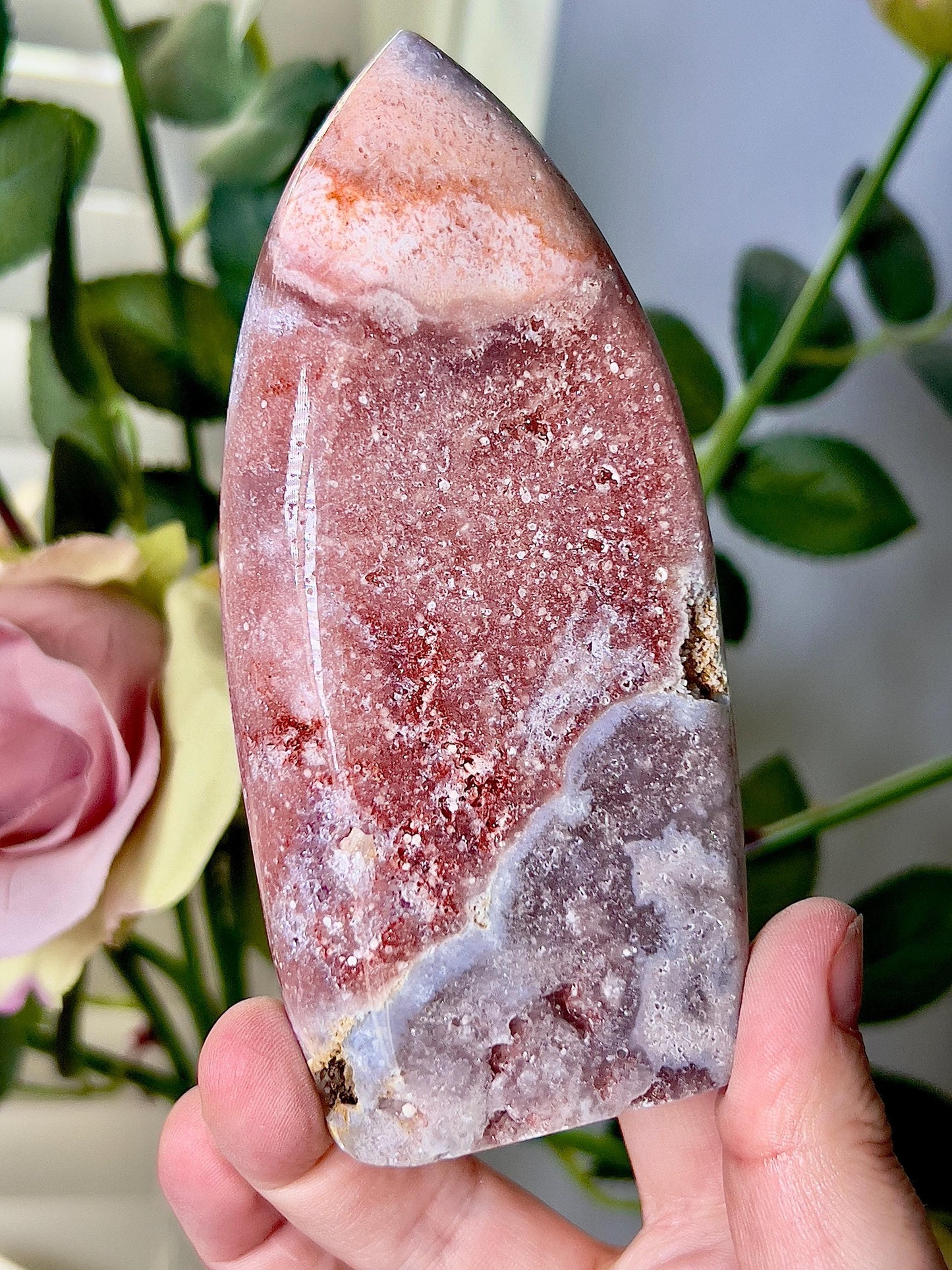 High grade, pink amethyst flame with a red & blue tone and purple quartz druzy