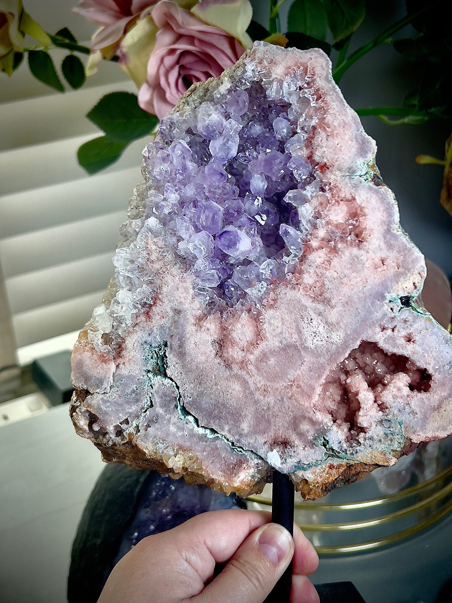 Extra high grade, pink amethyst slab on stand with purple quartz