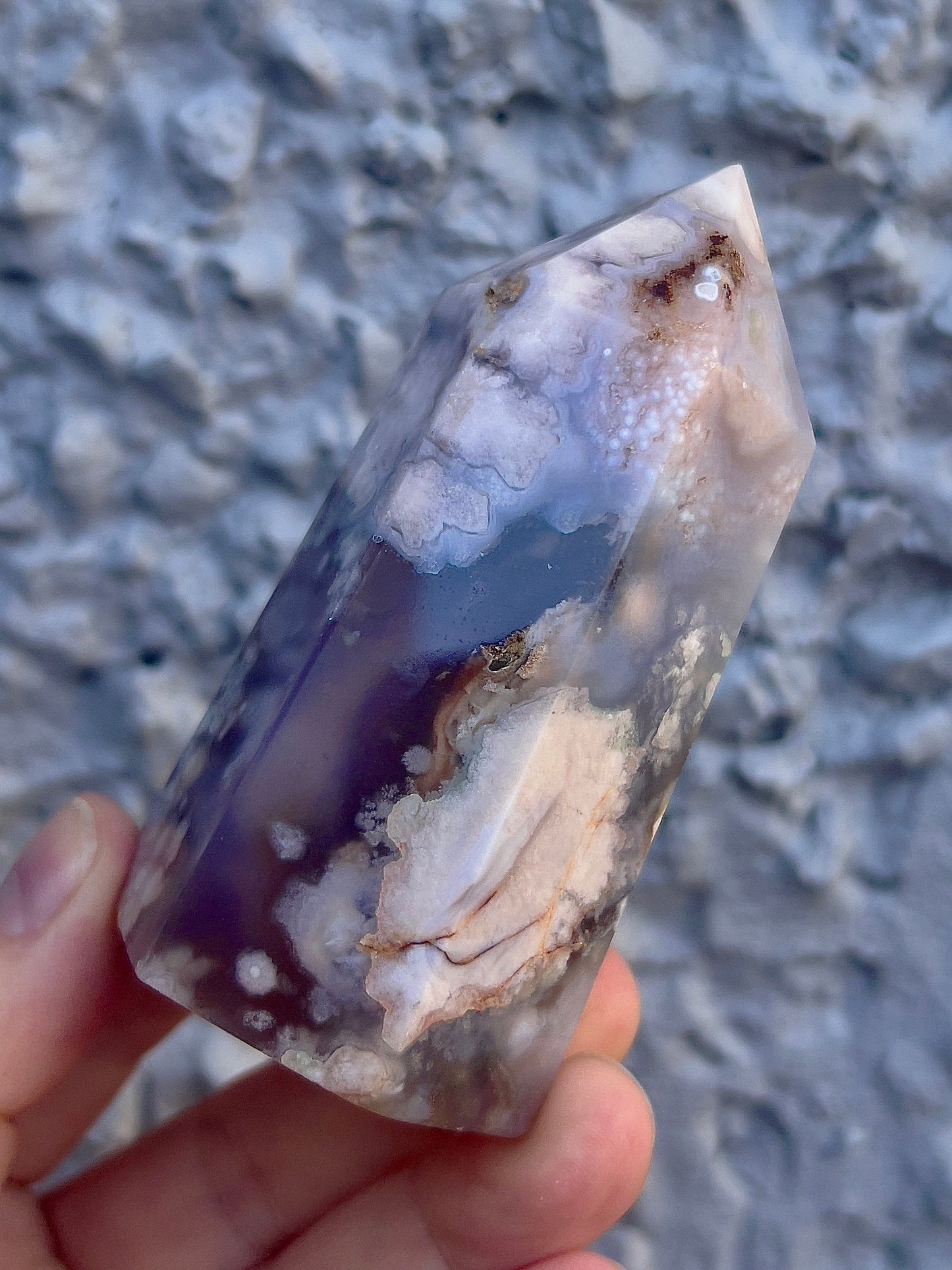 black flower agate tower with pink amethyst