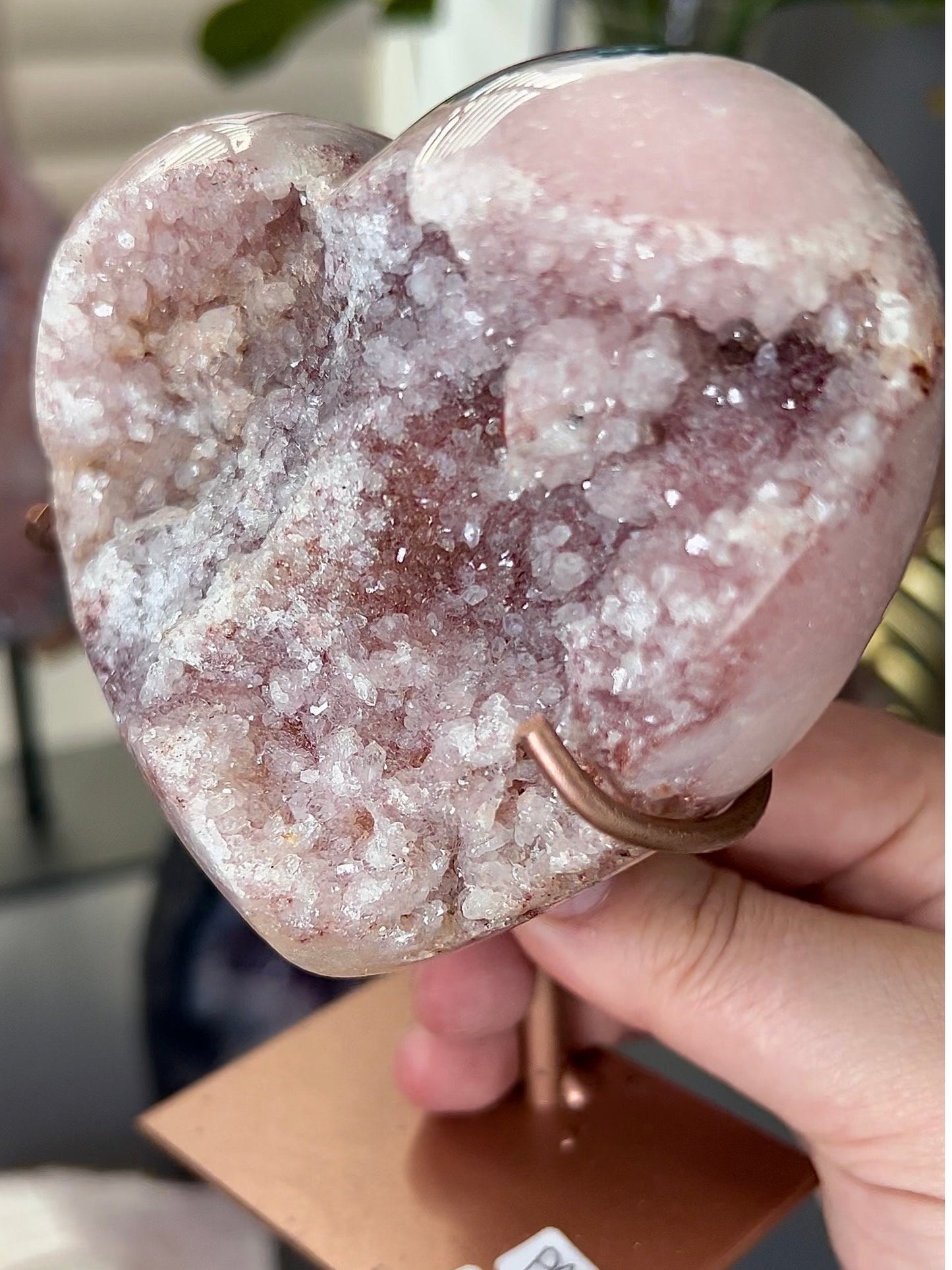 pink amethyst with red druzy and green jasper on a custom stand