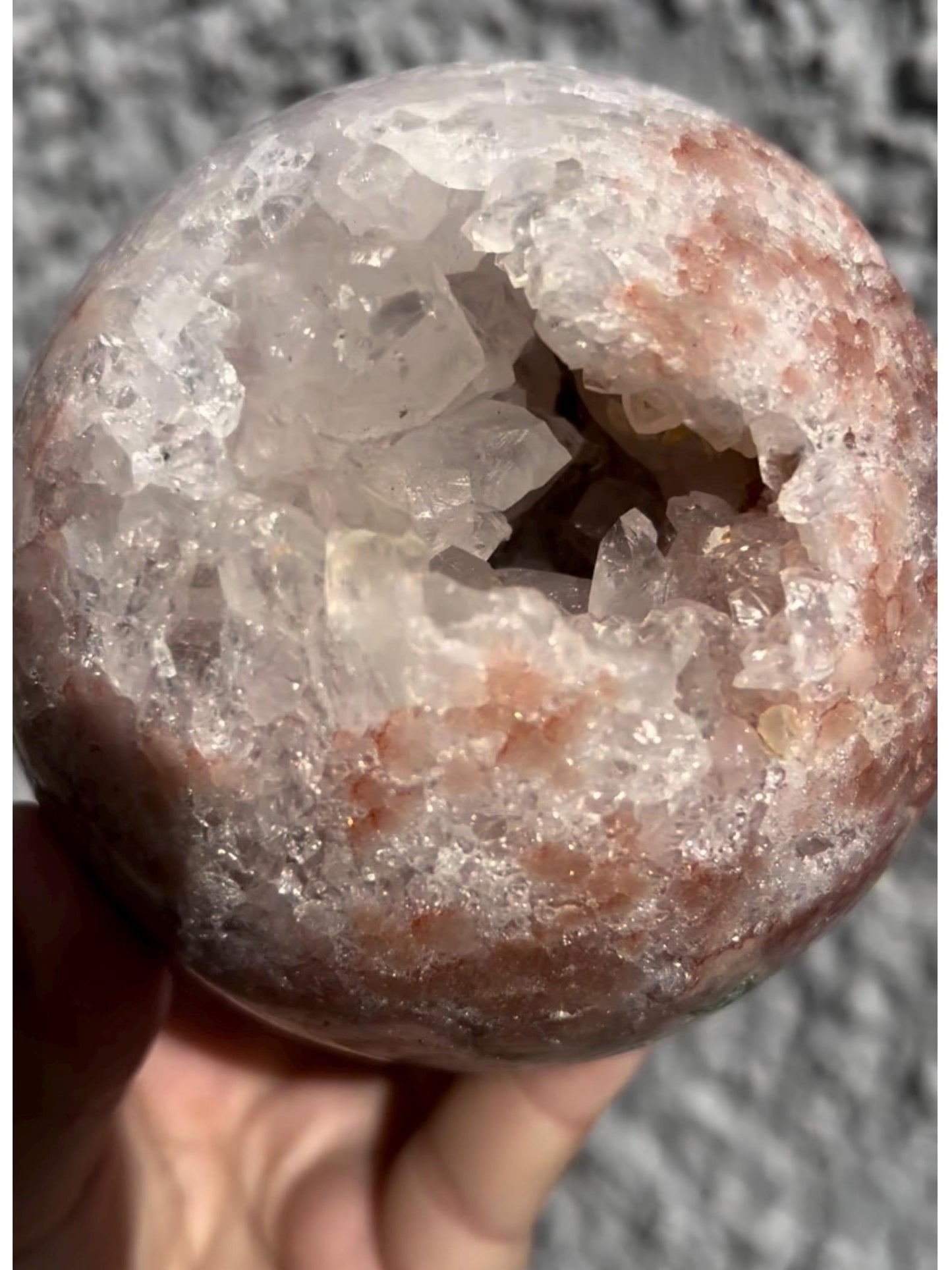 high grade, large, statement, pink amethyst sphere, with incredible quartz & red sugar druzy 1.230kg