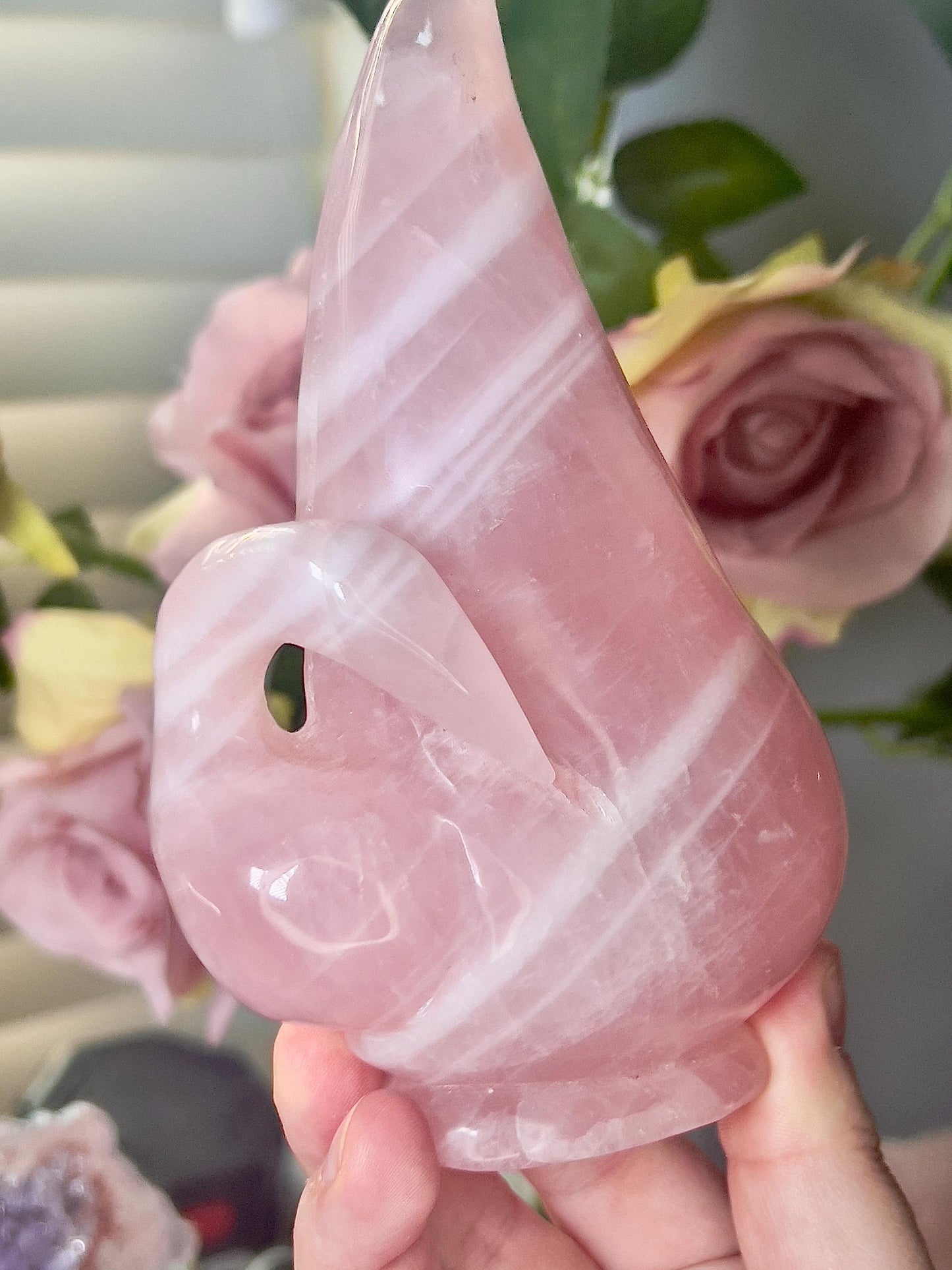 High grade, rose quartz swan carving