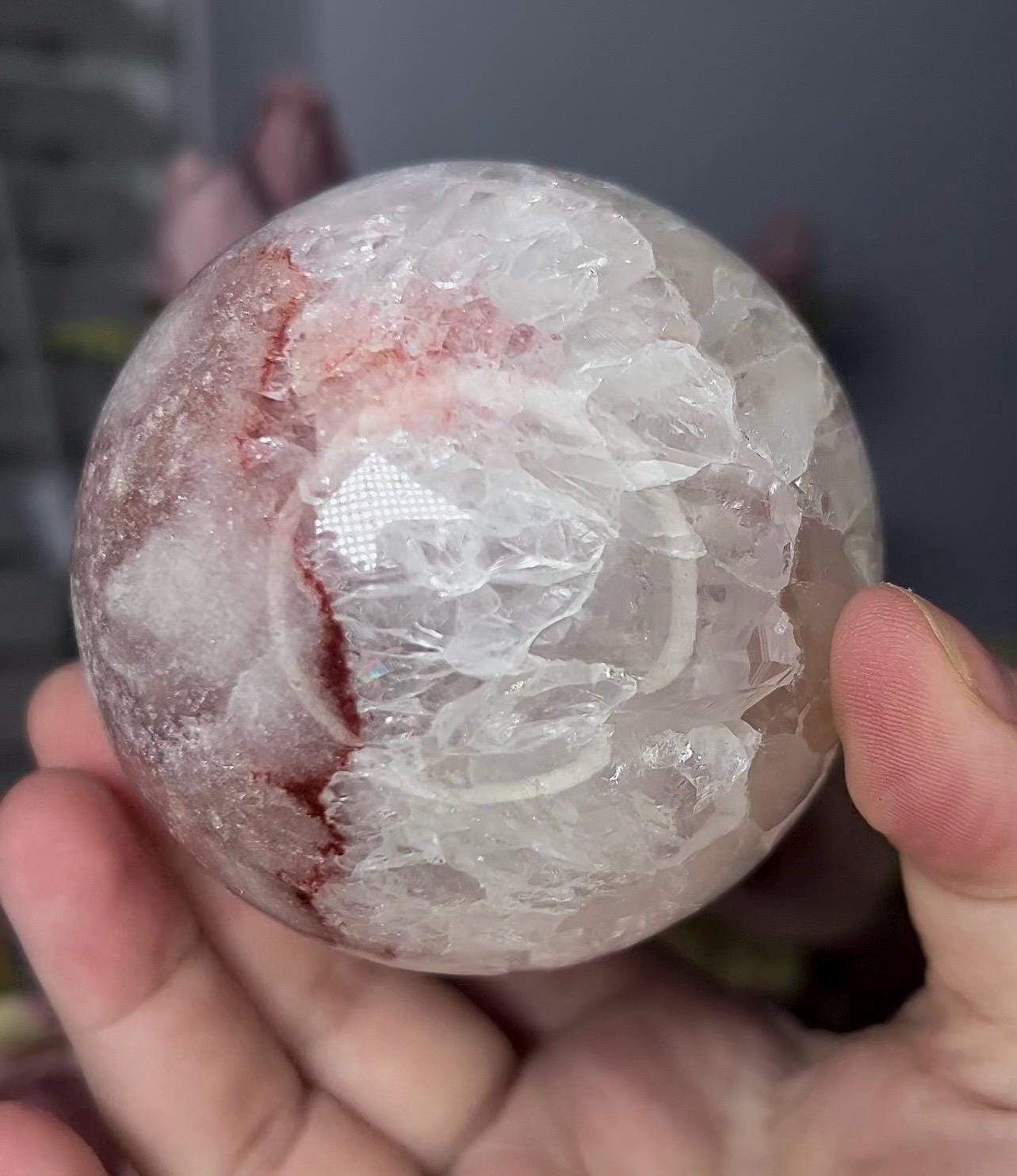 High grade, pink amethyst sphere with quartz 568g