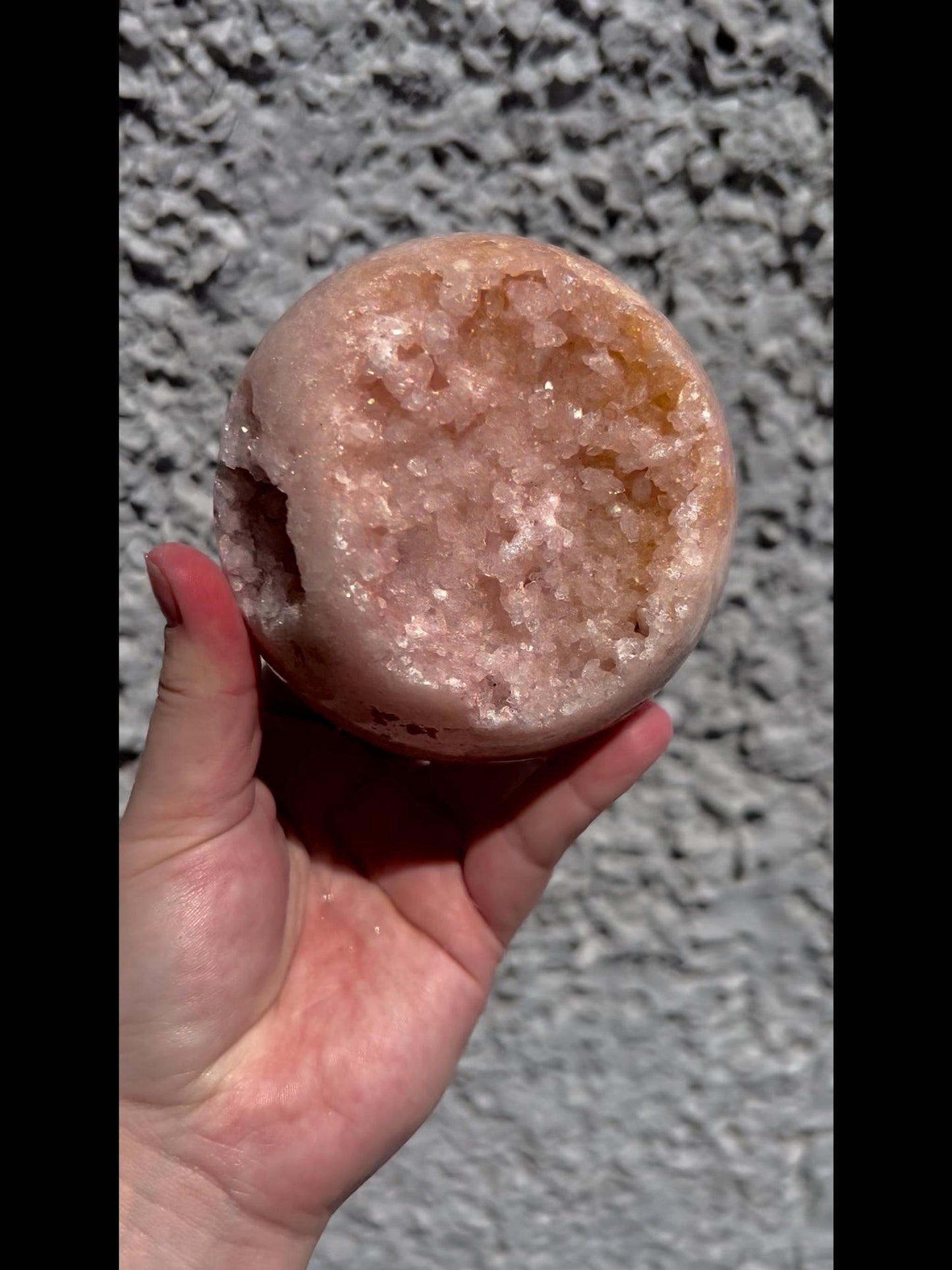 large, vibrant peach toned pink amethyst sphere with sugar druzy cave 1.173kg