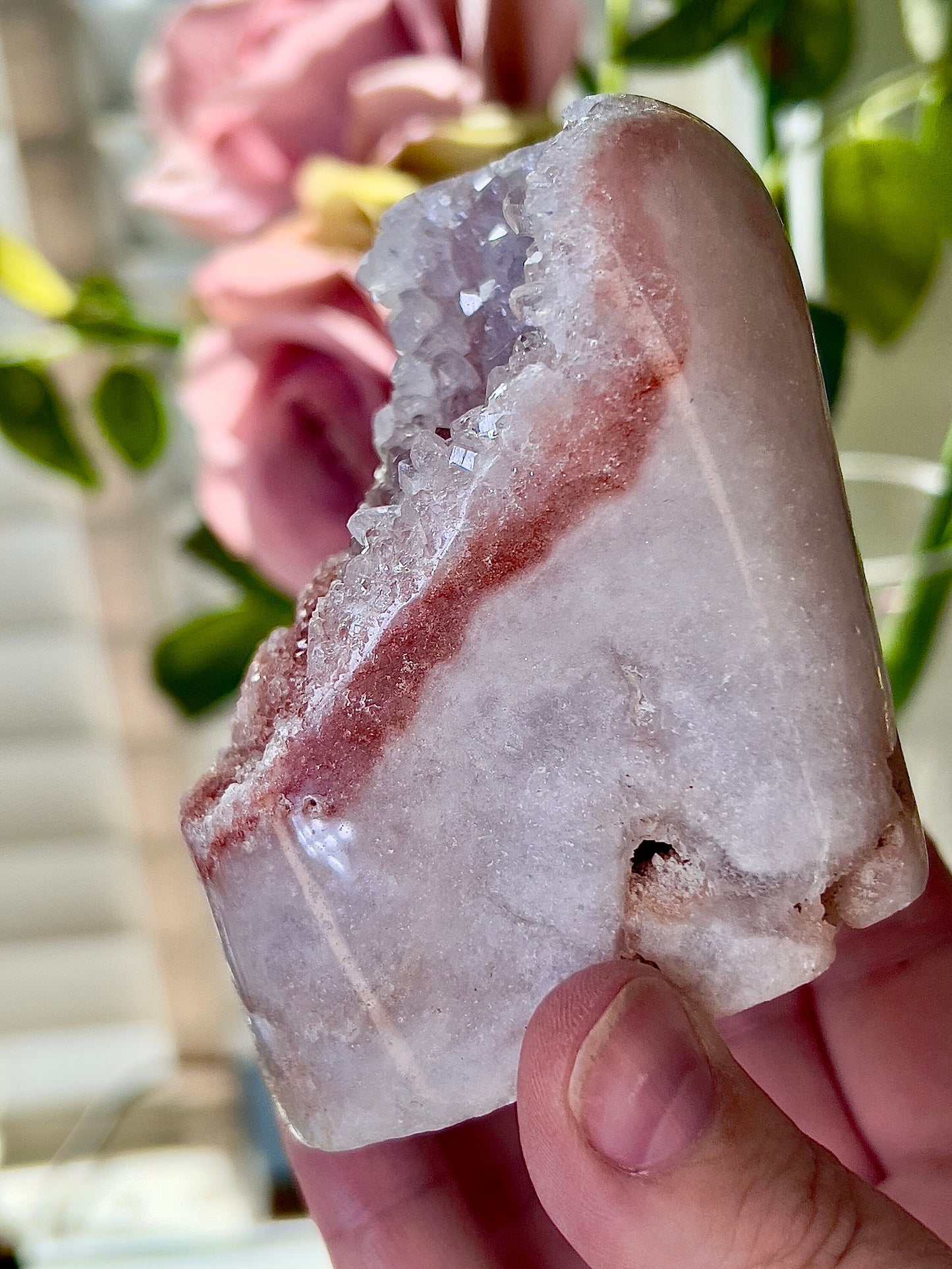 high grade, pink amethyst Freeform with high clarity quartz & red sugar druzy
