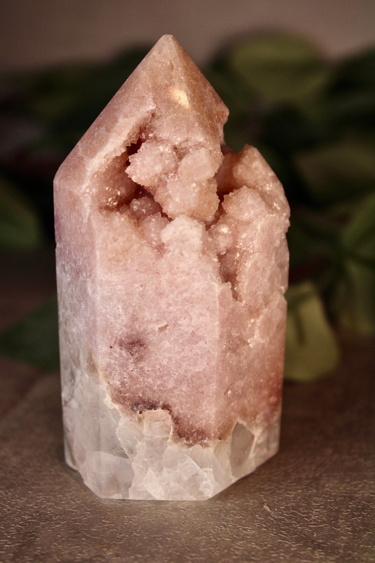 High grade pink amethyst tower with quartz bottom 295g 9.5cm tall