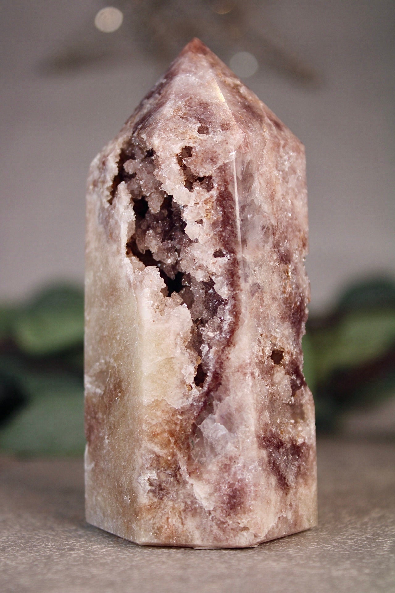 Golden, druzy, pink amethyst tower from brazil 300g 10.5cm (h)