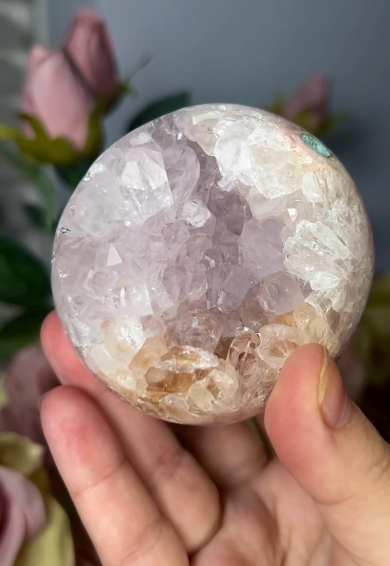 High grade, pink amethyst sphere with high clarity, rainbow, quartz teeth 429g