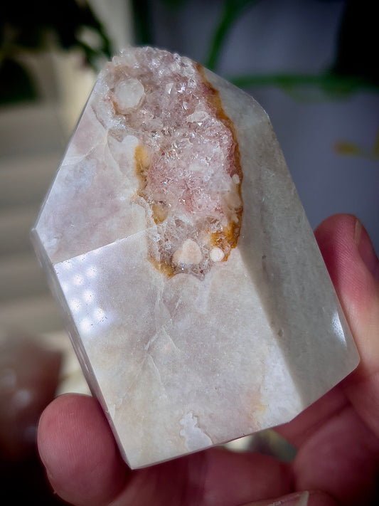 Stunning pink amethyst, tower with orange lining and high clarity quartz druzy