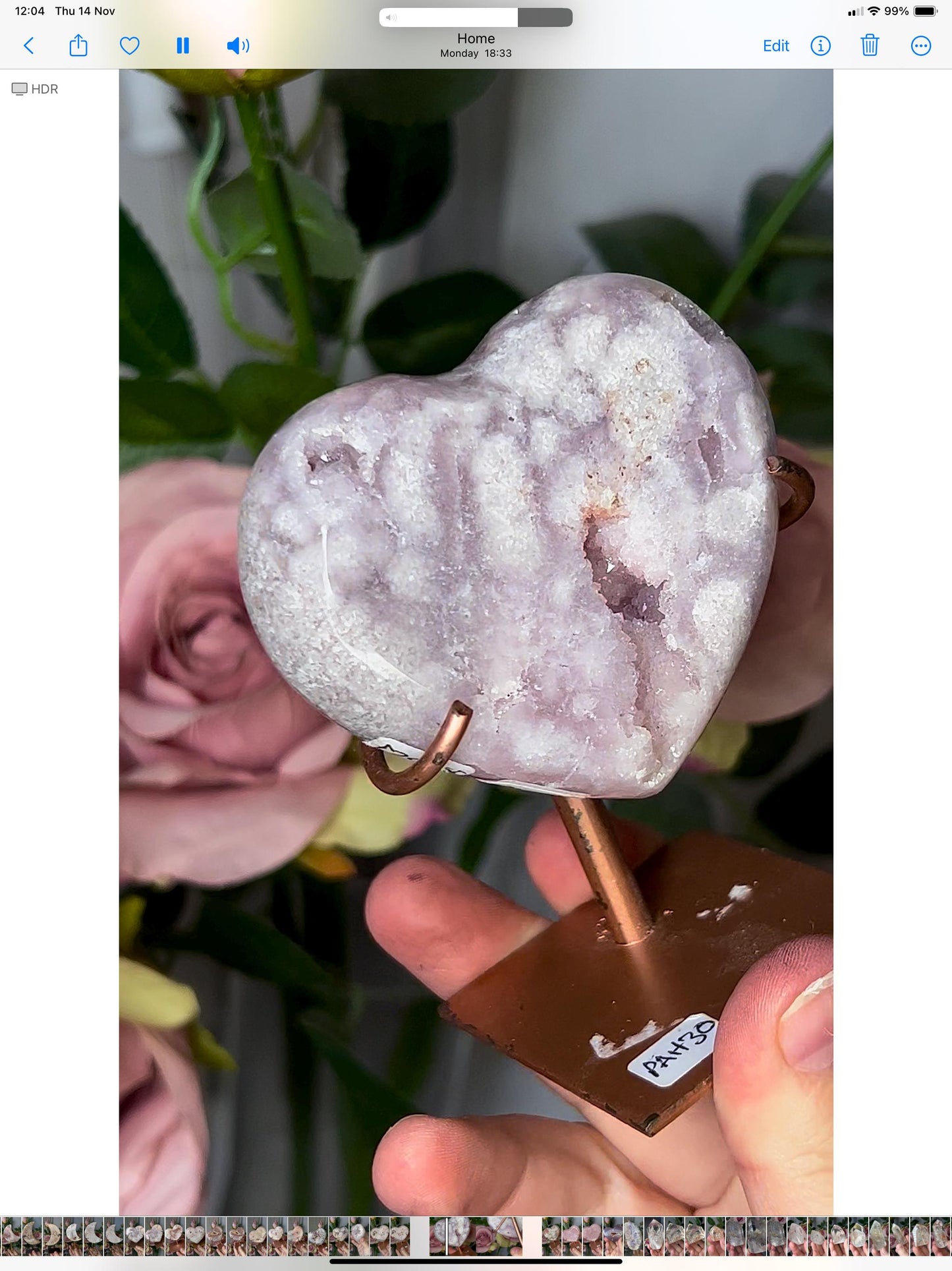 Beautiful, lilac, pink amethyst heart in with sugar druze, on stand which has scratches but can be repainted easily