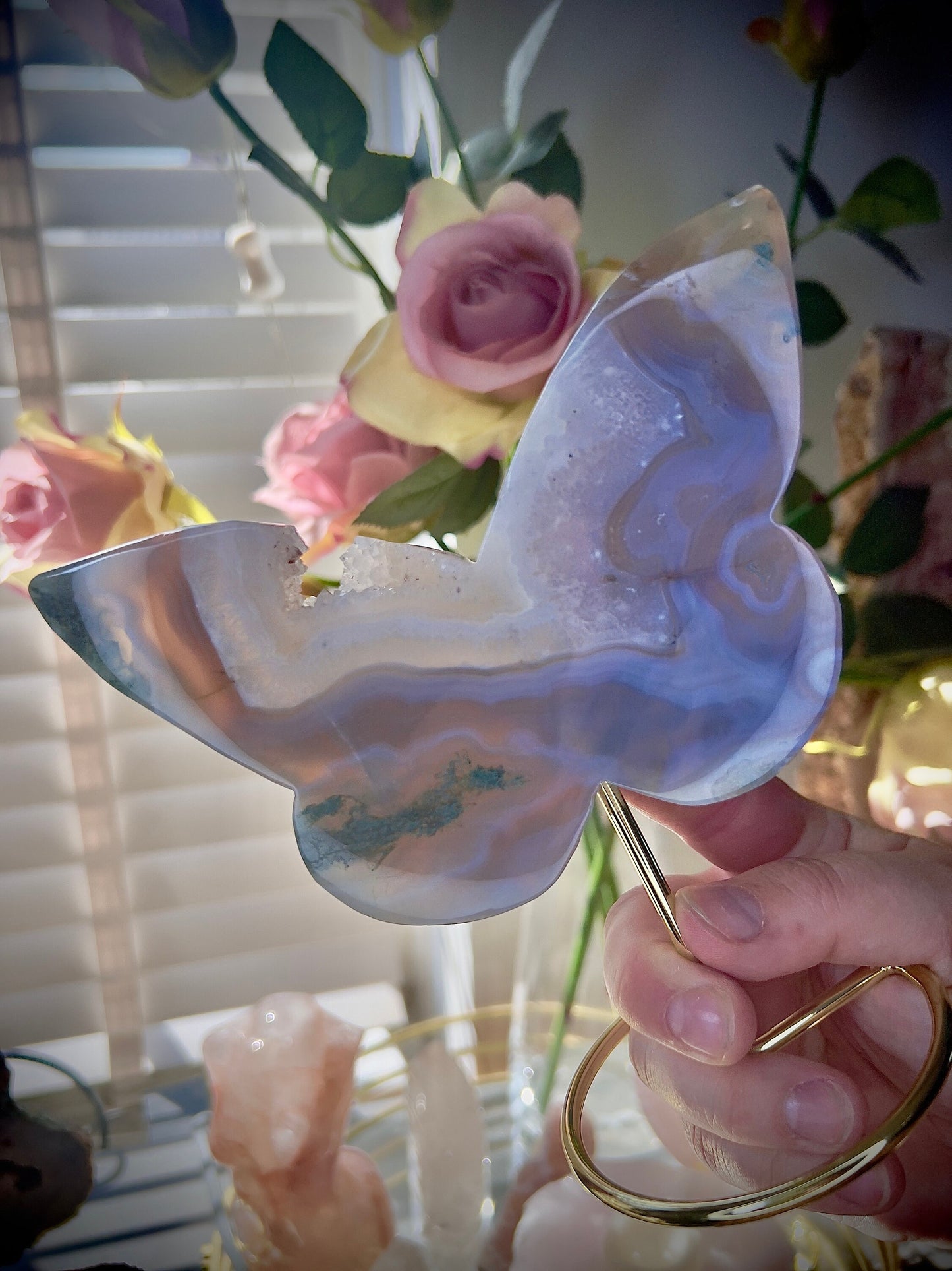 High grade, blue moss agate & quartz, butterfly with, gold pedestal stand