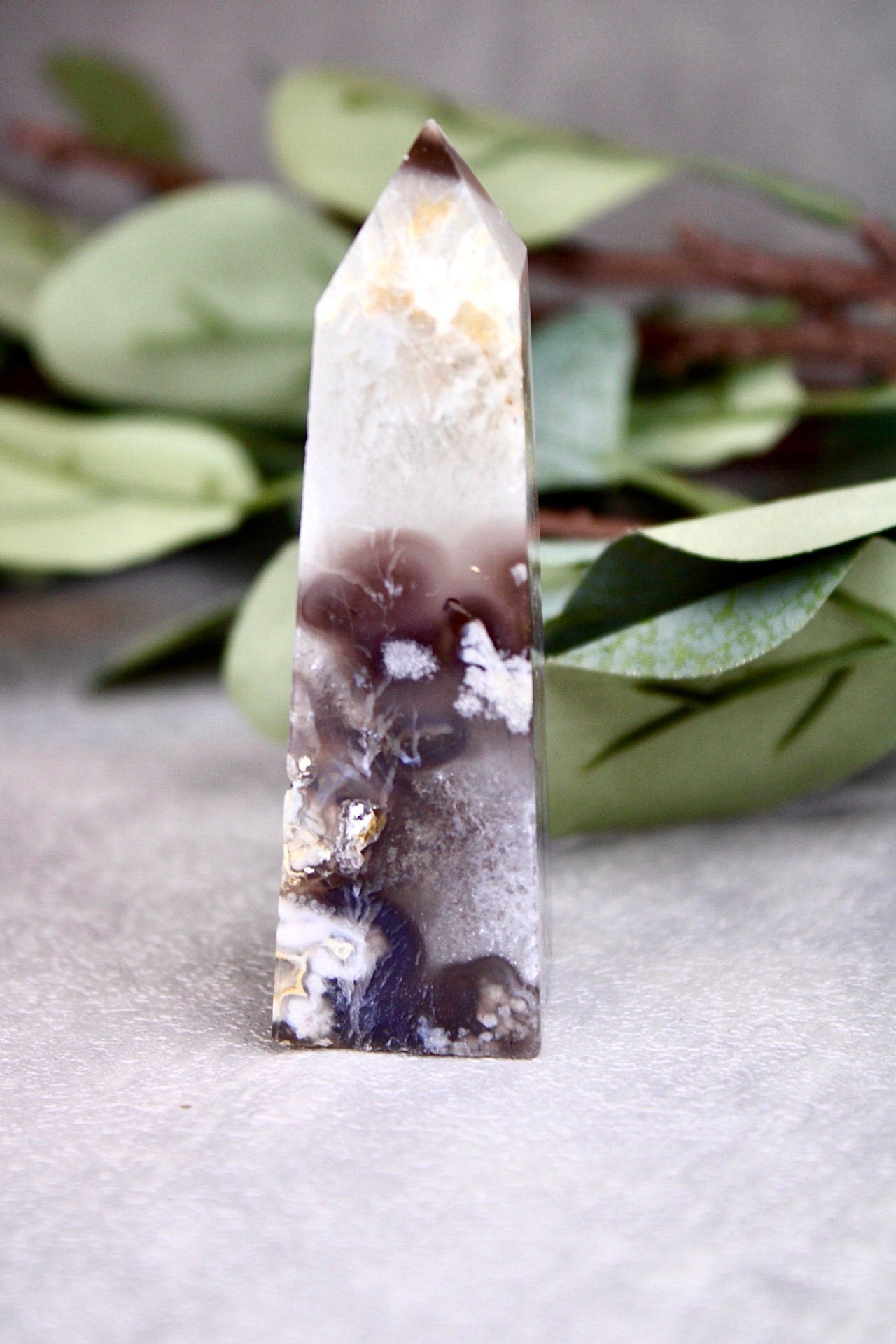 Gorgeous green chlorite tower x black flower agate