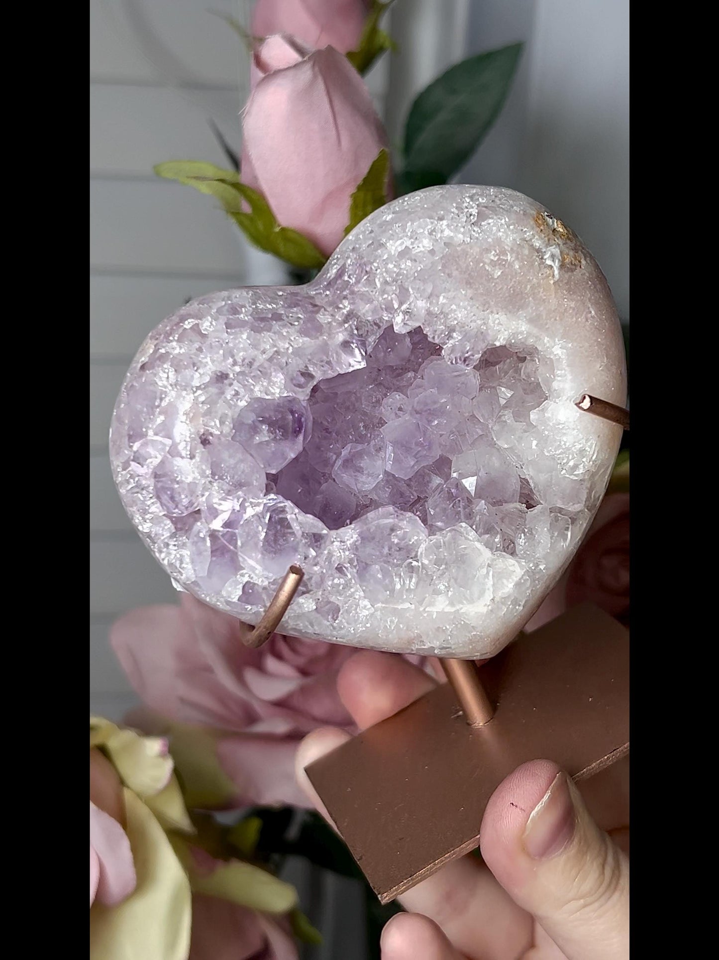 High grade, stunning, pink amethyst heart with purple quartz on stand 384g