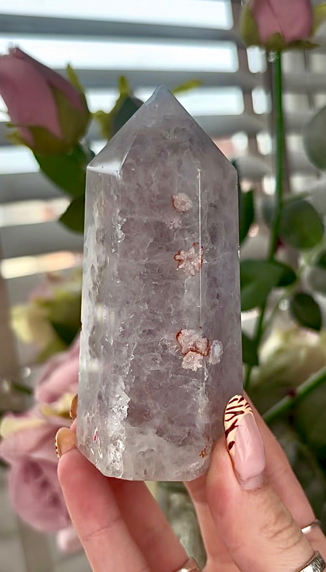 Stunning!! Super high quality, Druzy, green chlorite x blue flower agate tower