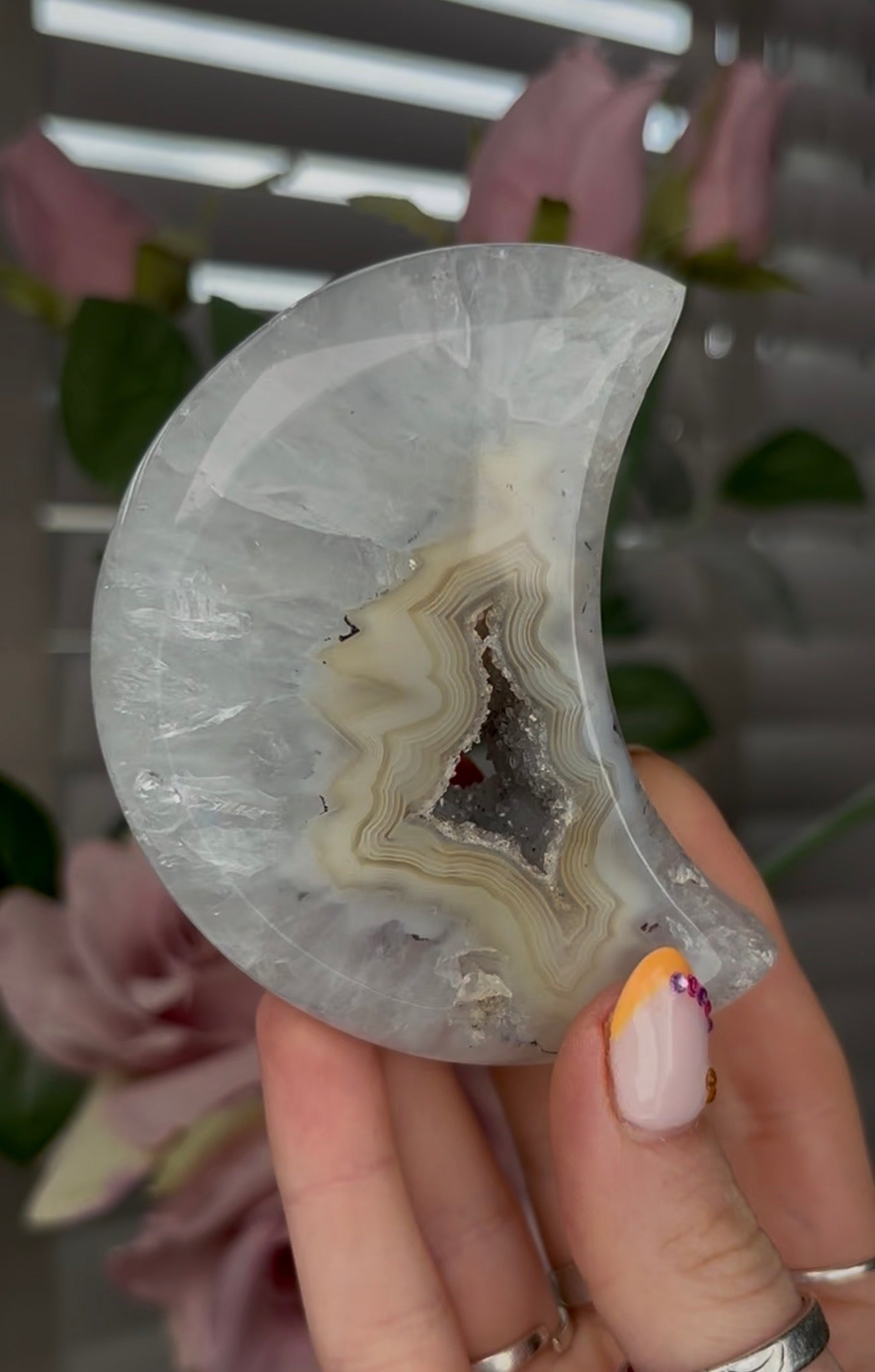 Beautiful, agate moon with druzy - comes with stand