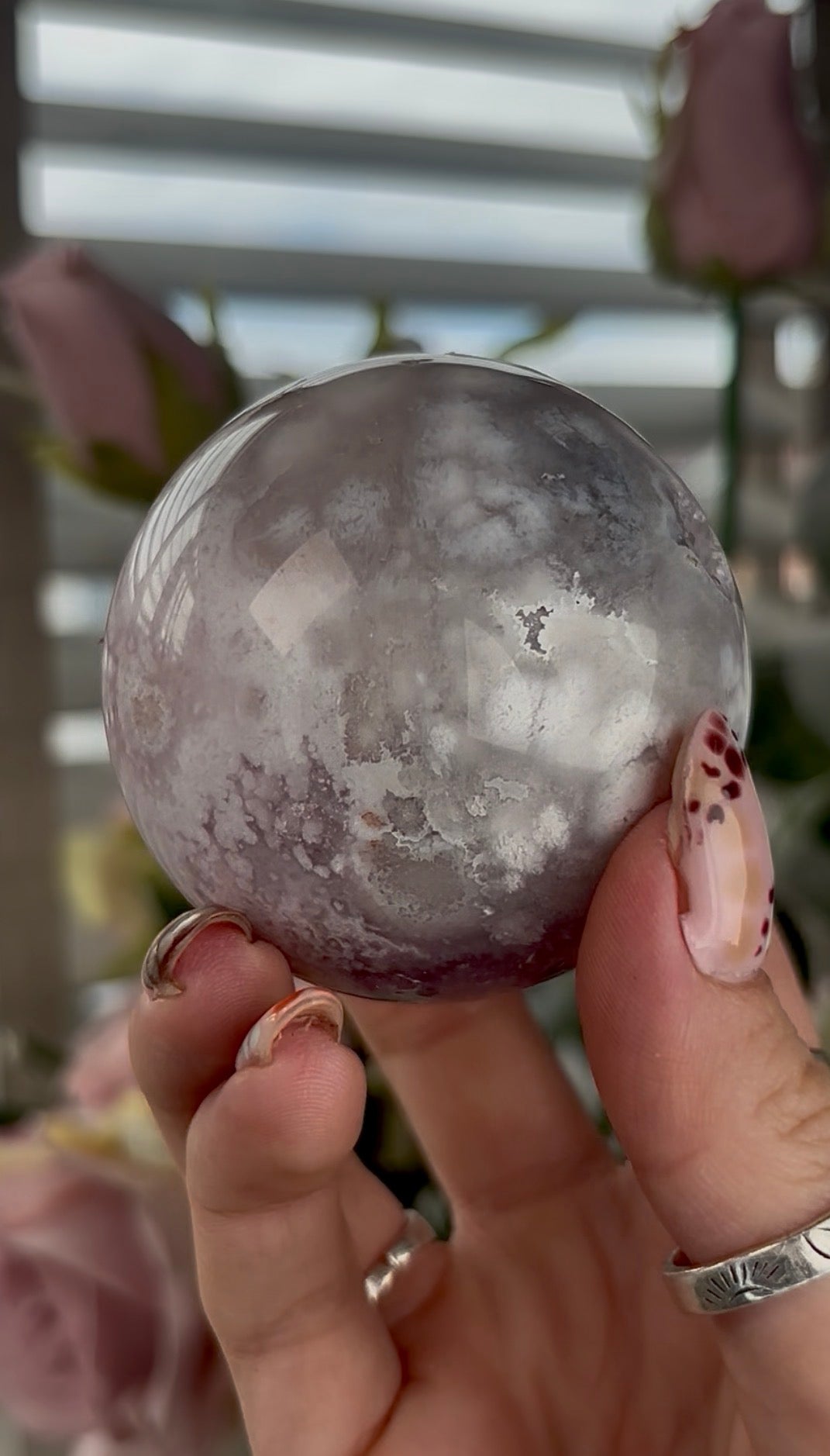 High grade, amethyst Flower agate sphere