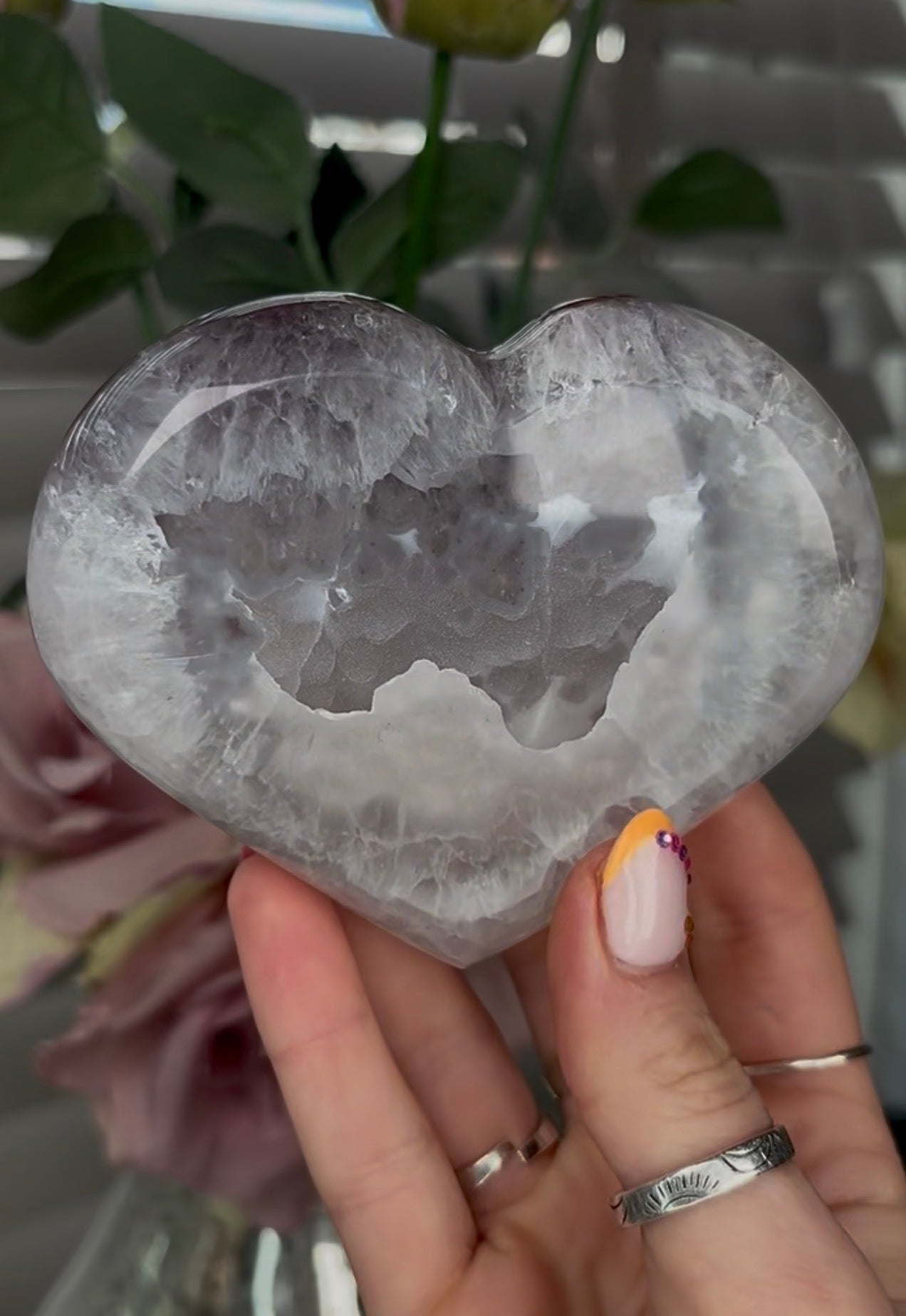 Beautiful, high quality, agate heart with druzy - stand included