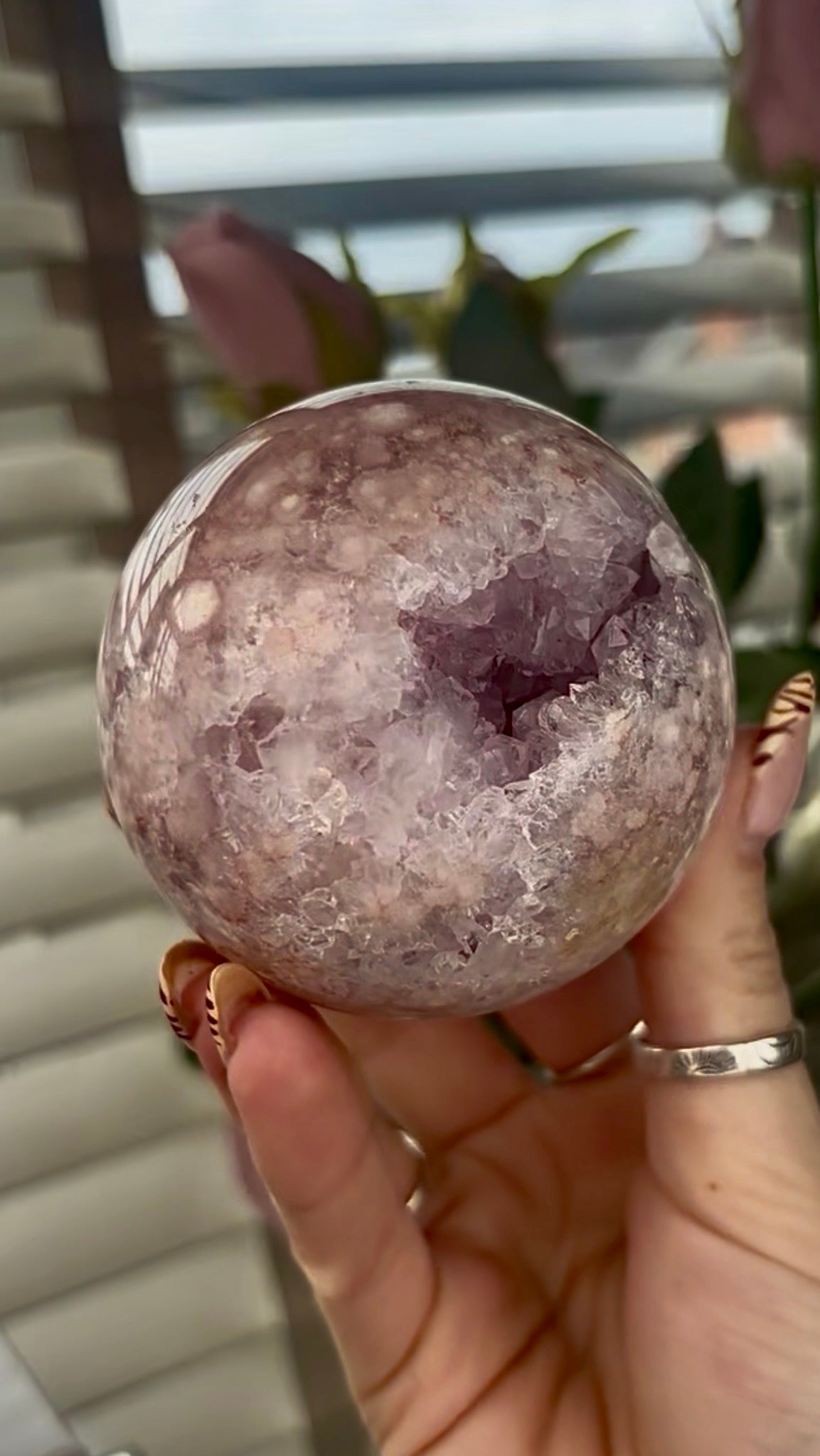High grade, amethyst Flower agate sphere with druzy quartz- 7.2cm wide