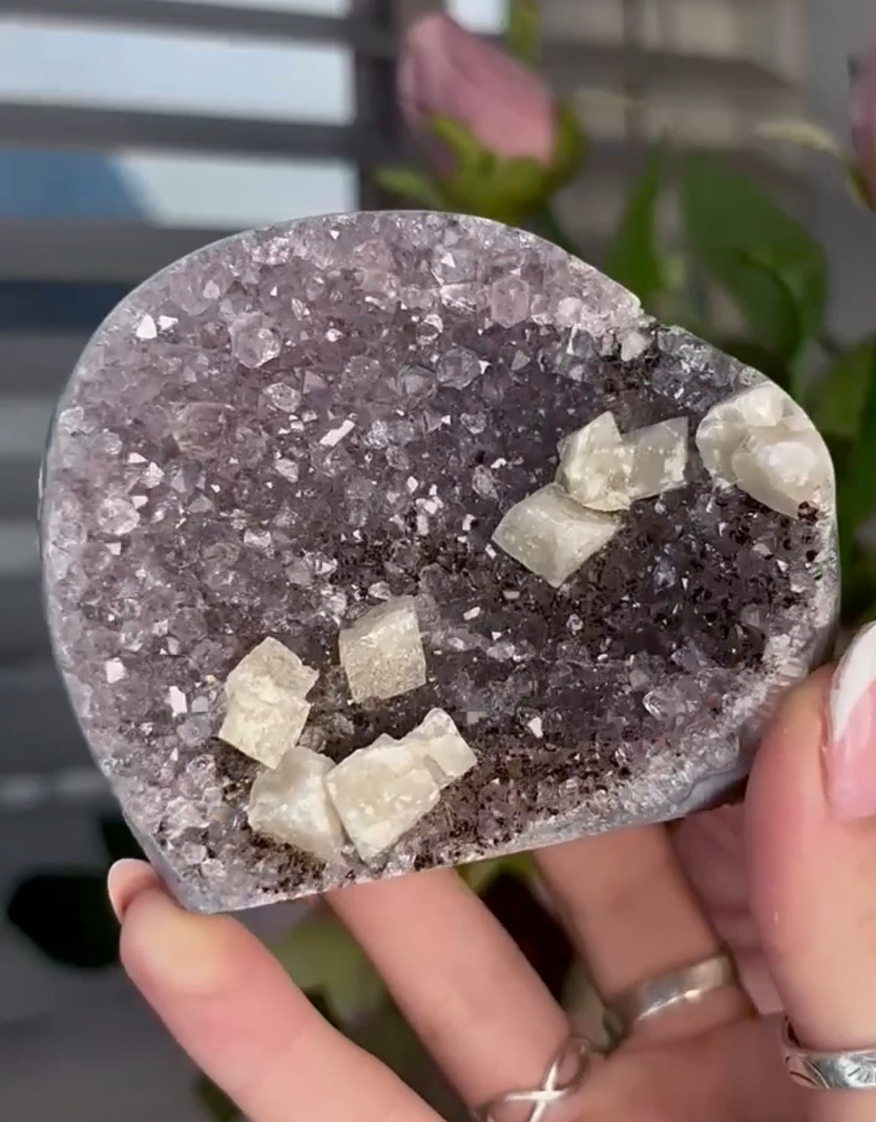 amethyst cutbase with cubic calcite
