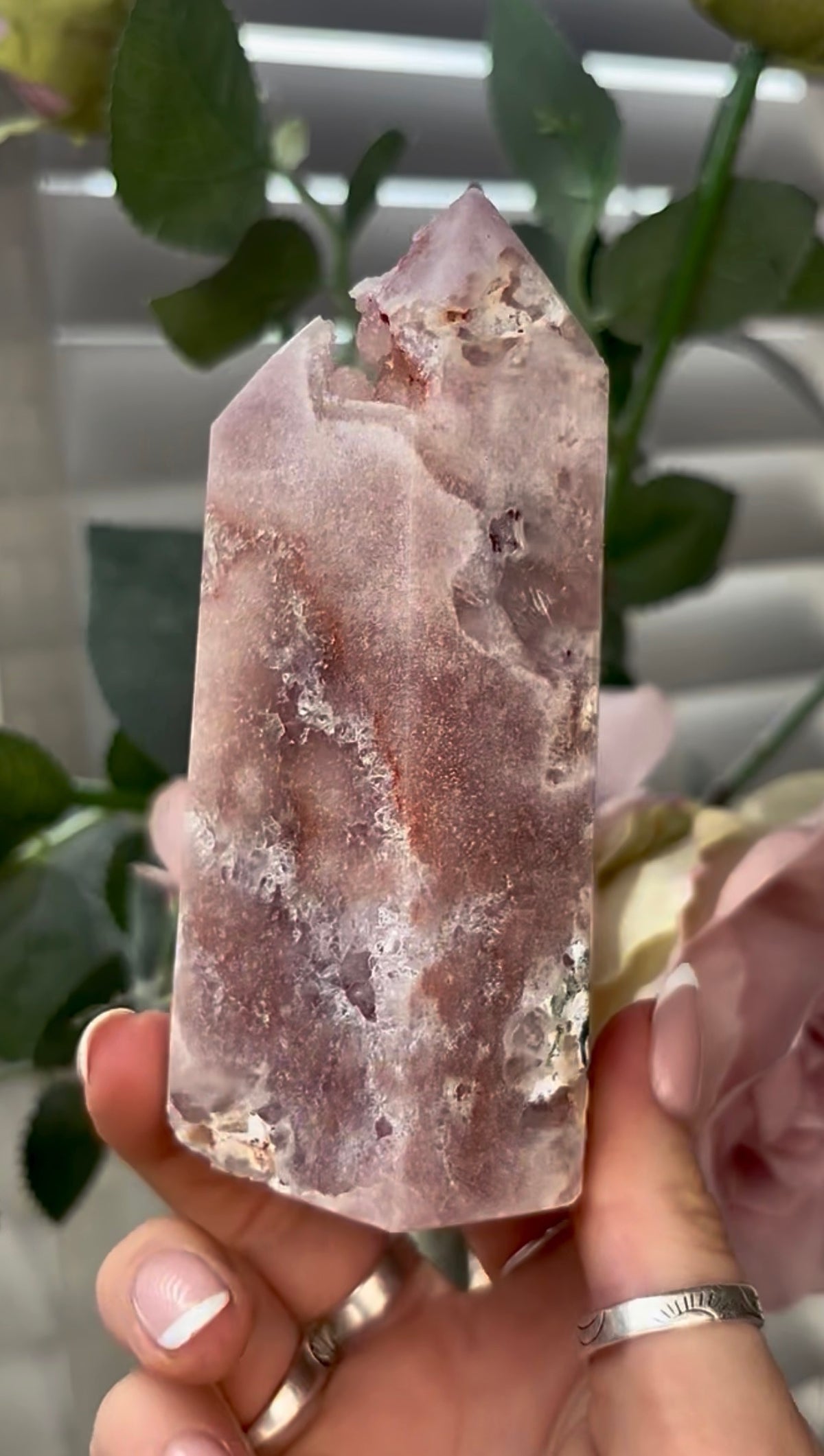 Beautiful, hq, druzy, Pink amethyst tower 11.7cm(h) by 5.4cm(w)