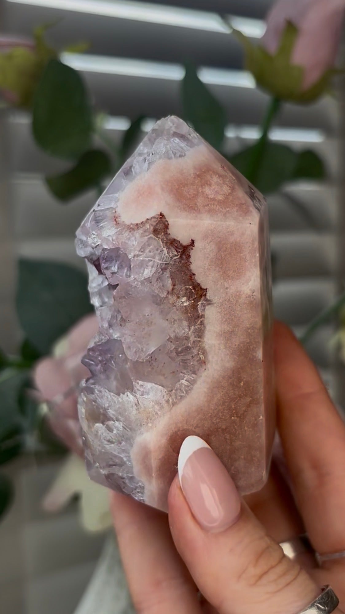Beautiful, high quality, Pink amethyst tower with quartz 8.5cm(h) by 5.5cm(w)