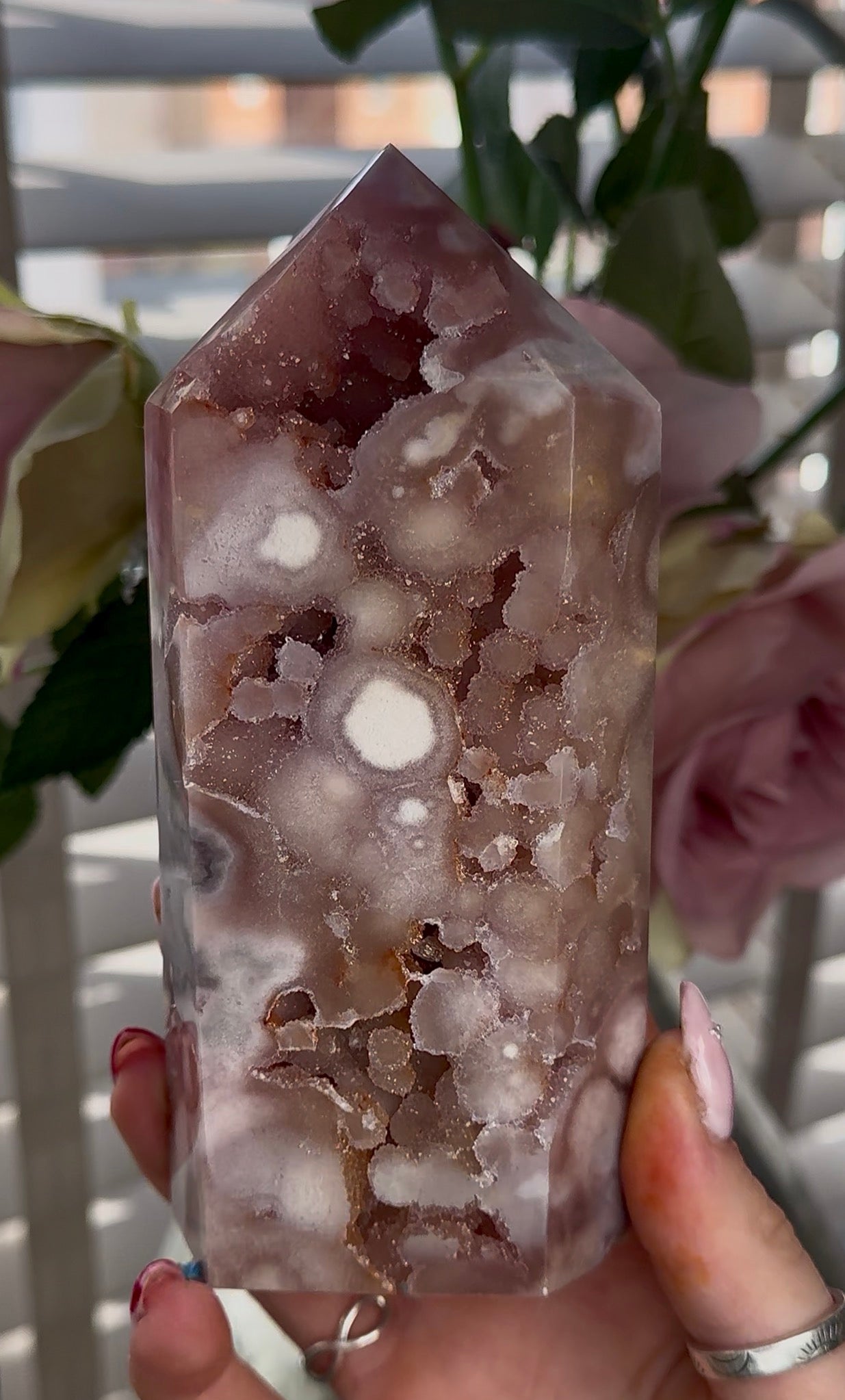High quality Pink amethyst tower with bubble druzy