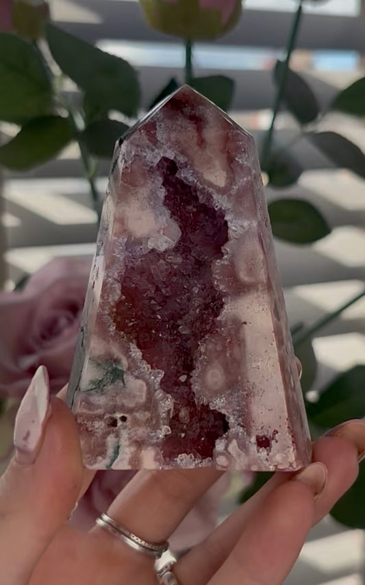 Beautiful, high quality, Pink amethyst tower with Green jasper & red hematite