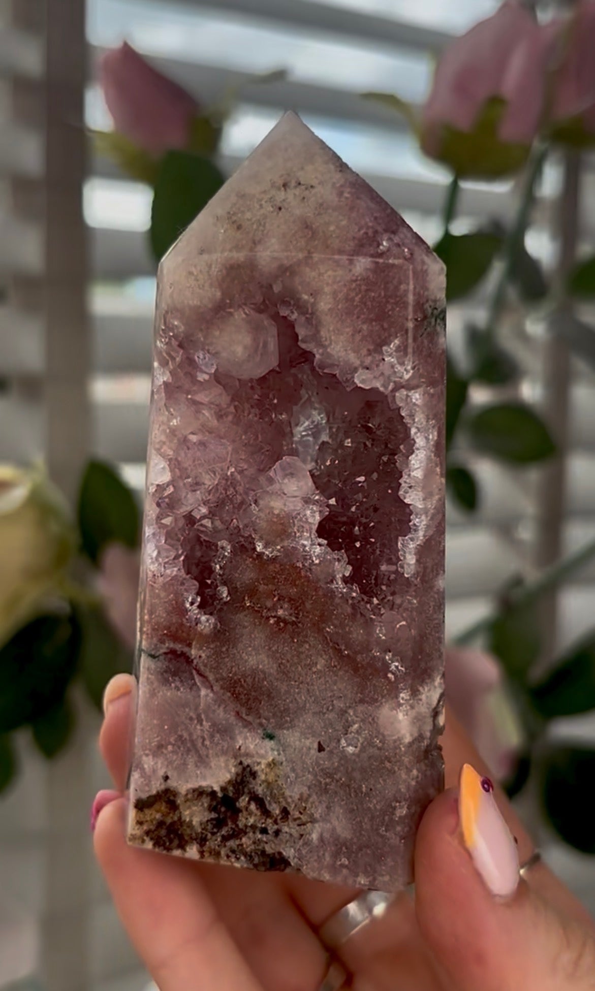 Pretty, Pink amethyst tower with Druzy