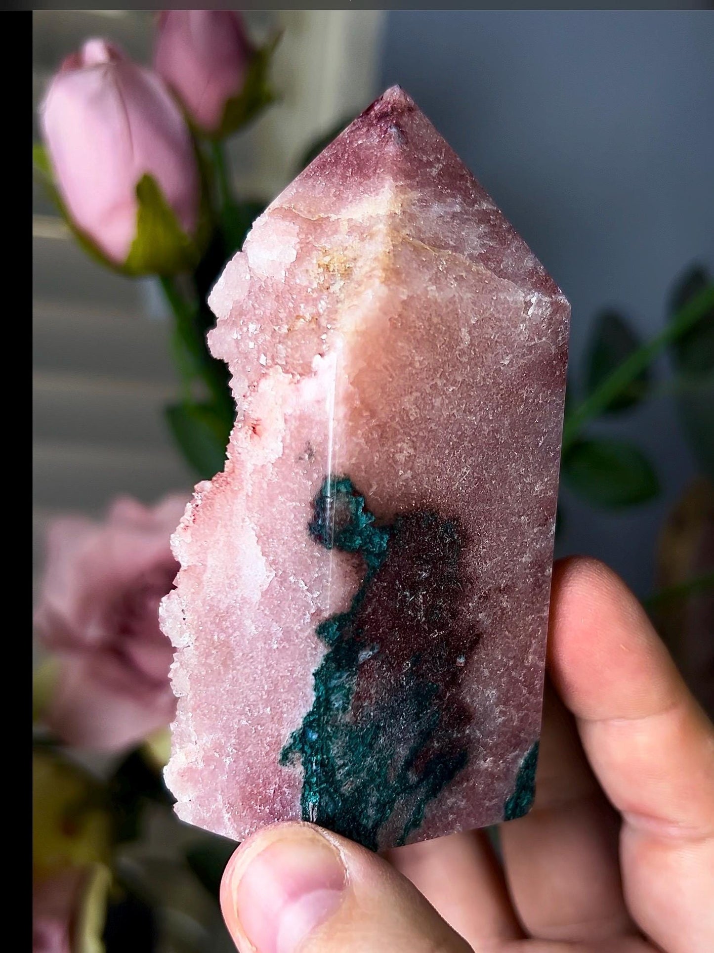 High grade, baby pink amethyst, sugar druzy tower with green jasper