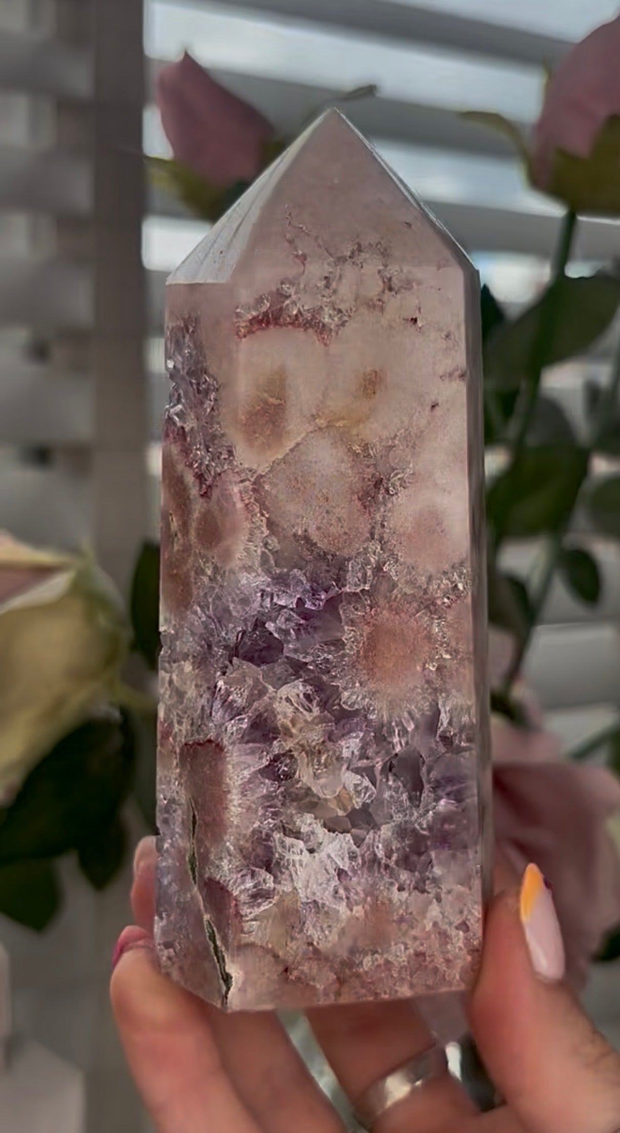 Pretty, Pink amethyst tower, with purple quartz druzy