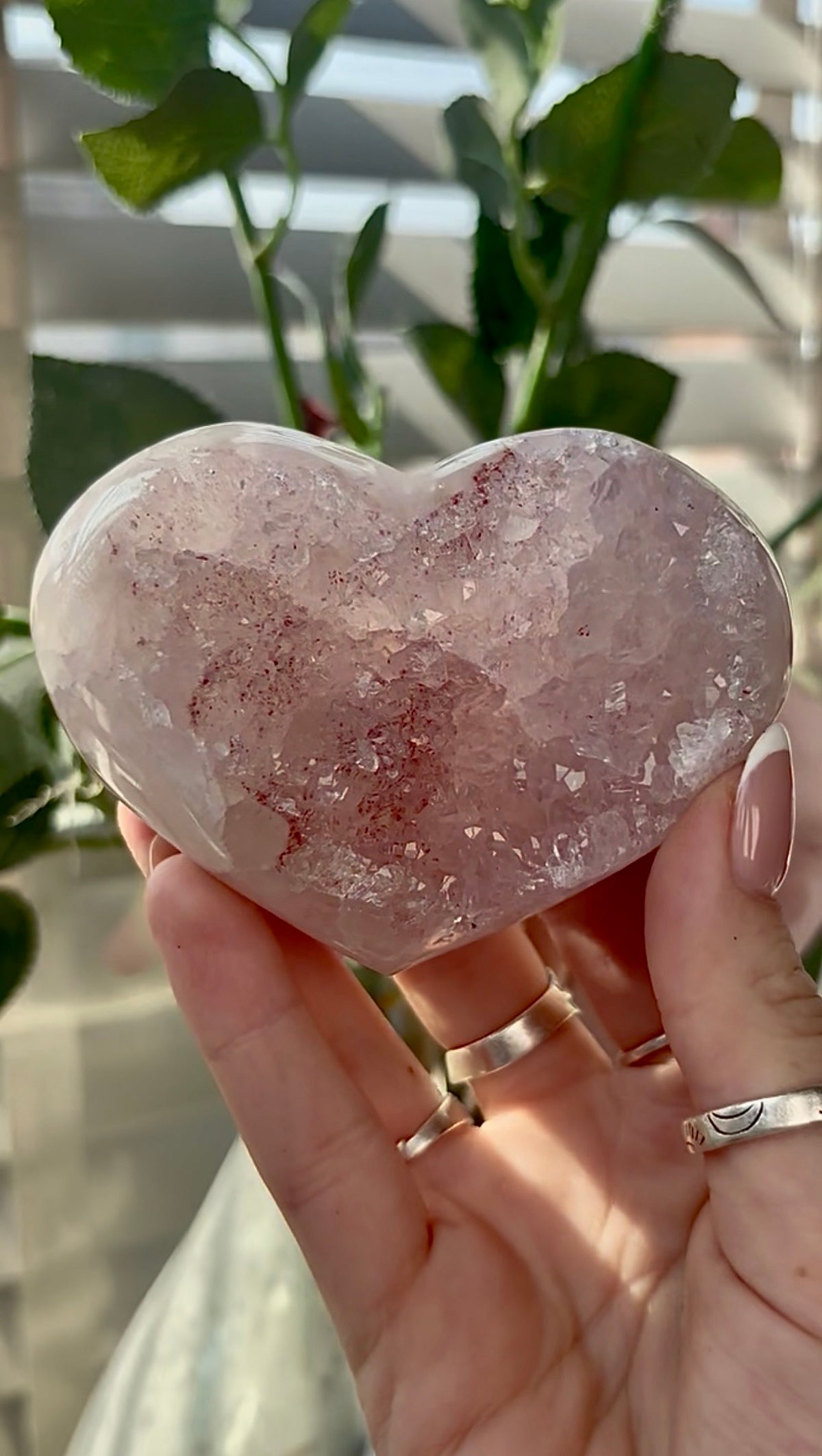Gorgeous, pink amethyst heart- comes with stand