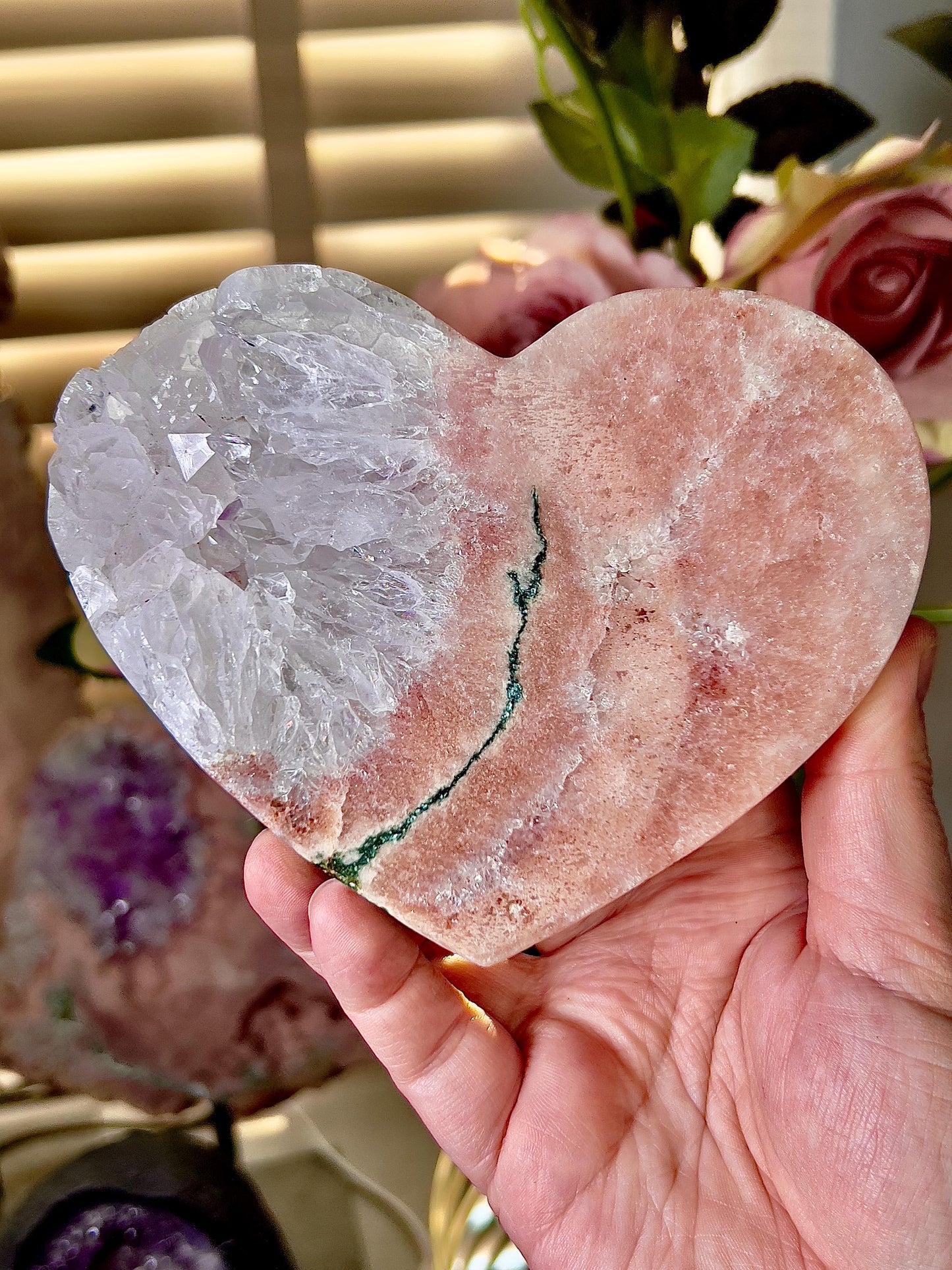 High quality, peach toned, pink amethyst heart with incredible quartz full of rainbows & green jasper vein, on gold stand 766g